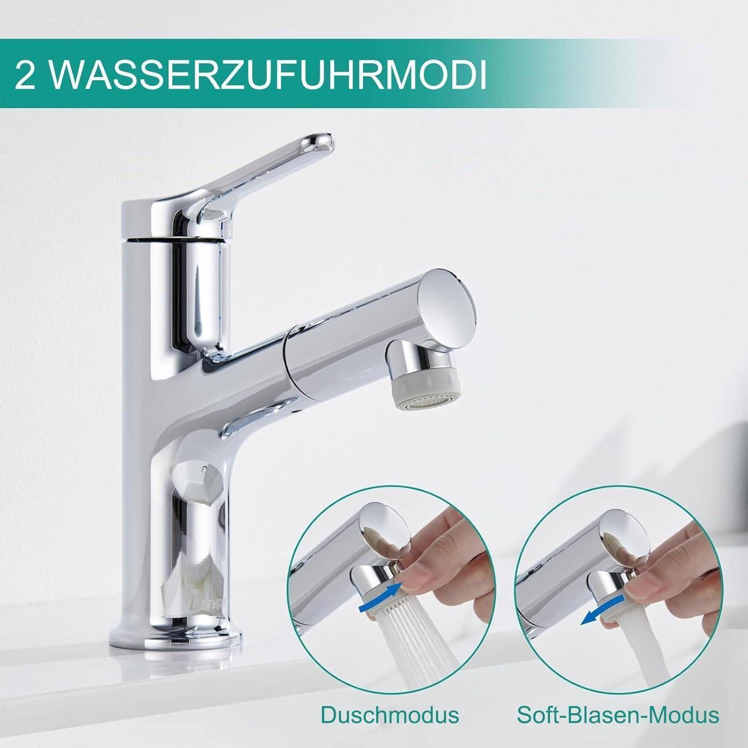 Chrom-Armatur mit zwei Wassermodi beschriftet mit „Duschmodus