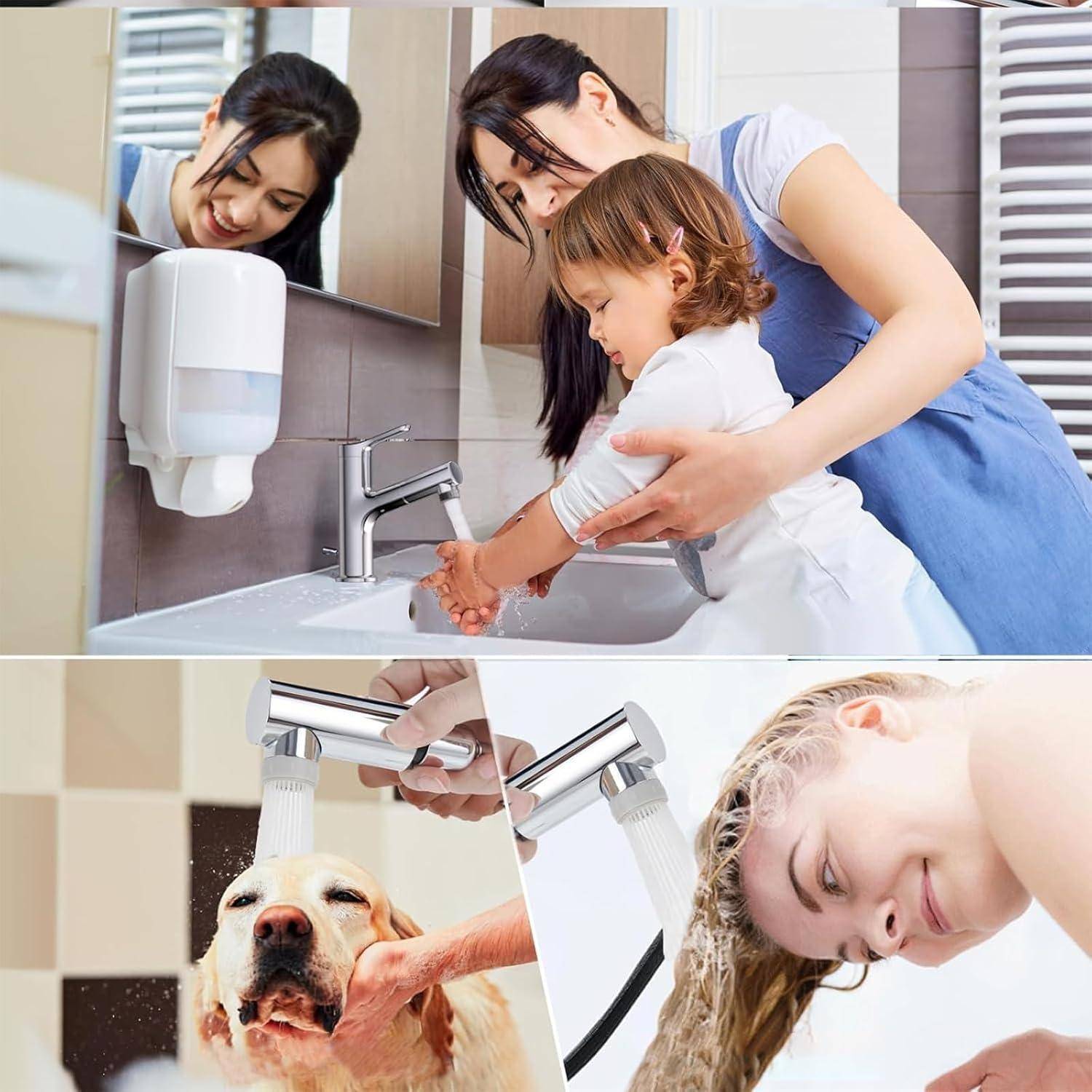 Collage zum Thema Händewaschen: Eine Mutter hilft einem Kind, sich die Hände an einem Waschbecken zu waschen, ein Hund wird abgespült, und eine Person wäscht sich die Haare mit einer Handbrause.