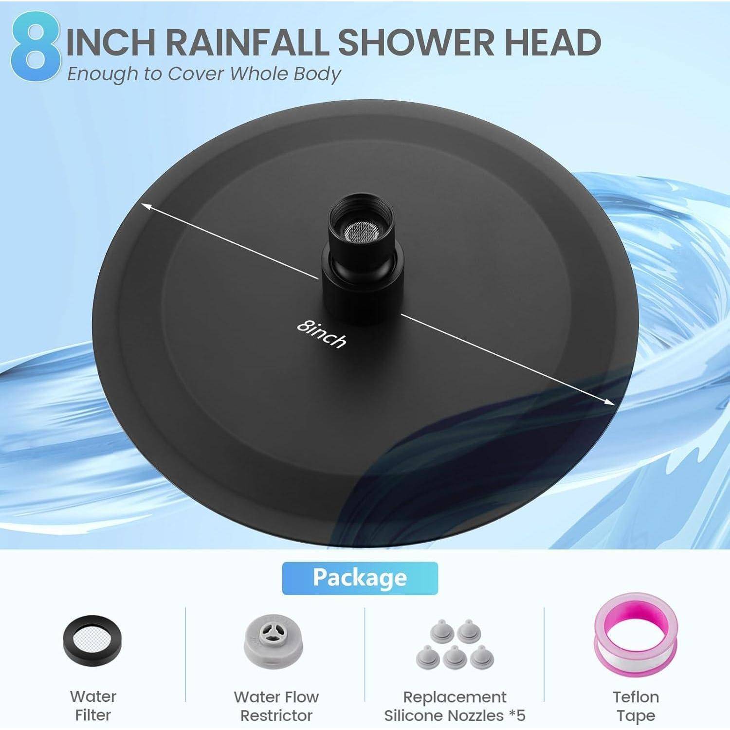 Schwarze 8-Zoll-Regenduschkopf mit Mitteldurchgang, gezeigt mit Packungsinhalt: Wasserbegrenzungsring, Durchflussbegrenzer, sechs austauschbare Silikondüsen und Teflonband.