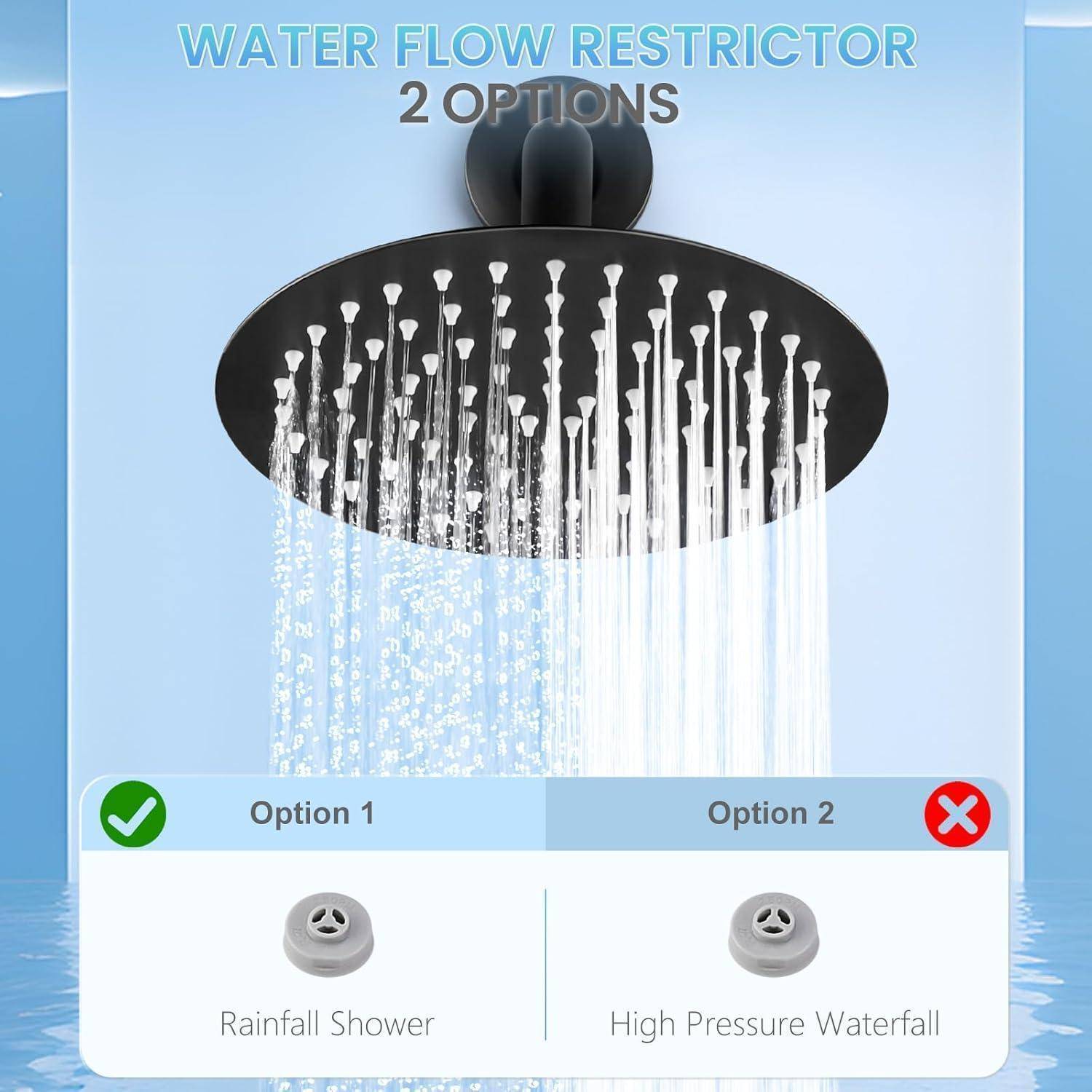 Infografik, die einen Wasserdurchflussbegrenzer mit 2 Optionen für einen Duschkopf zeigt: Option 1 Regenduschen mit einem grünen Häkchen, Option 2 Hochdruck-Wasserfall mit einem roten X.