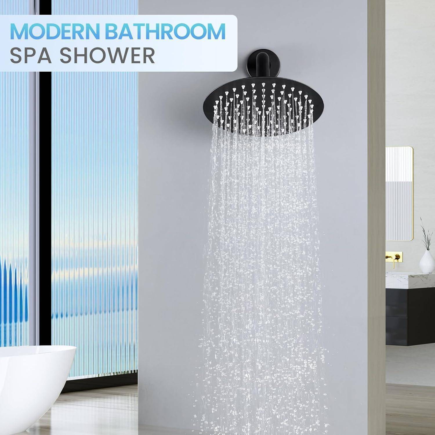 Schwarzer runder Regenduschkopf mit Wasserstrahlen in einem modernen Badezimmer, beschriftet mit „MODERNES BADEZIMMER SPA-DUSCHE