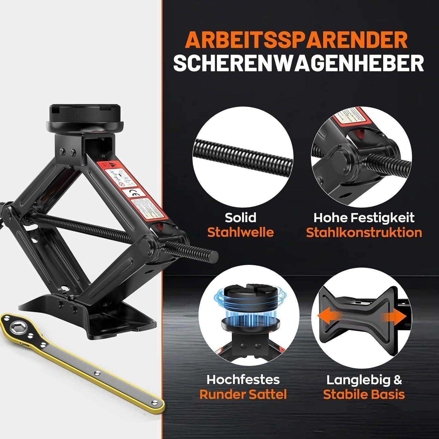 Scherenwagenheber-Produktanzeige, die einen schwarzen Wagenheber mit Schraubenschlüssel zeigt und den 