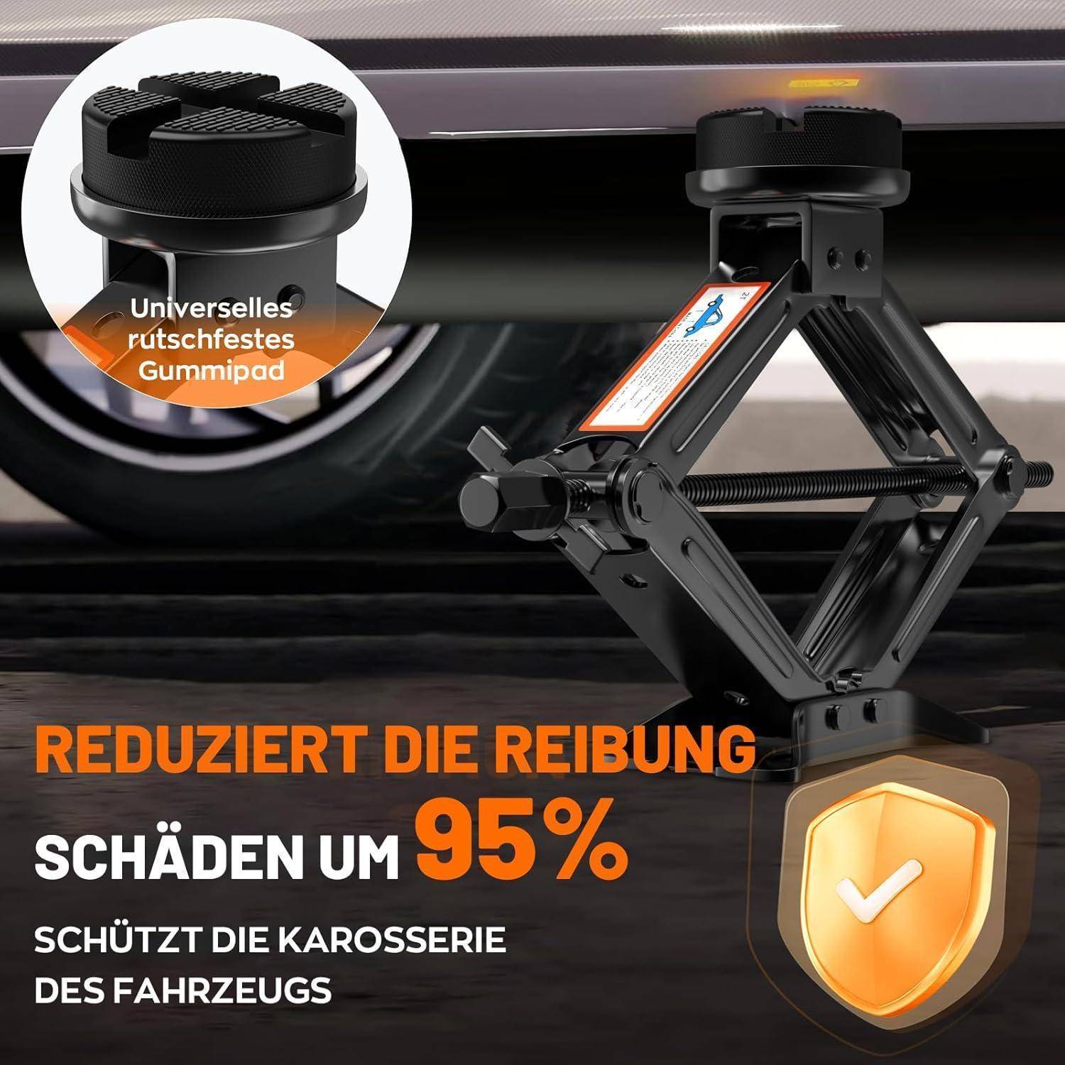 Wagenheber mit universeller rutschfester Gummiauflage; deutscher Text besagt, dass es die Reibung reduziert, Schäden um 95% verringert und die Fahrzeugkarosserie schützt.