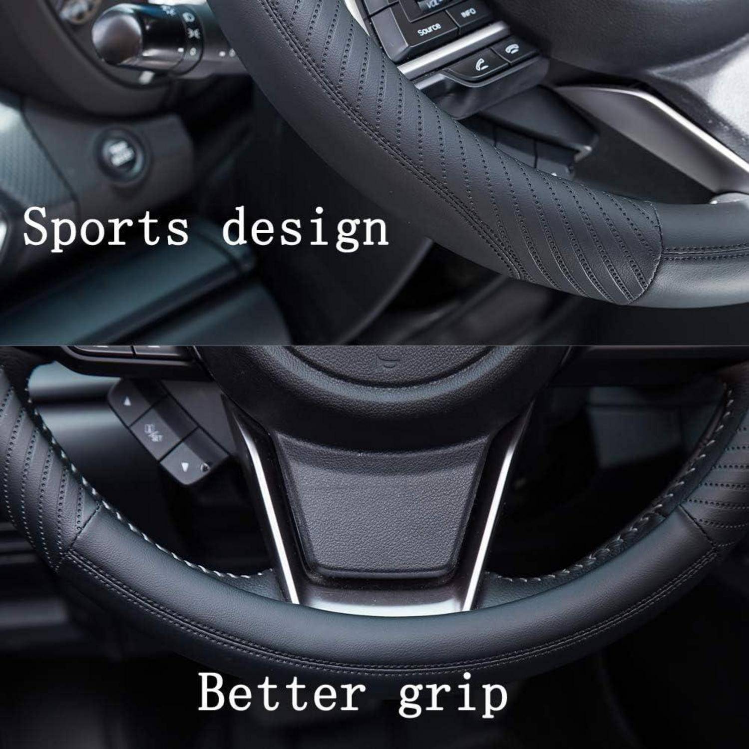 Geteiltes Bild eines Autolenkradschutzes mit der Bezeichnung "Sportdesign"" und ""Besserer Grip"", das eine genähte, strukturierte schwarze Abdeckung mit verbessertem Grip zeigt.