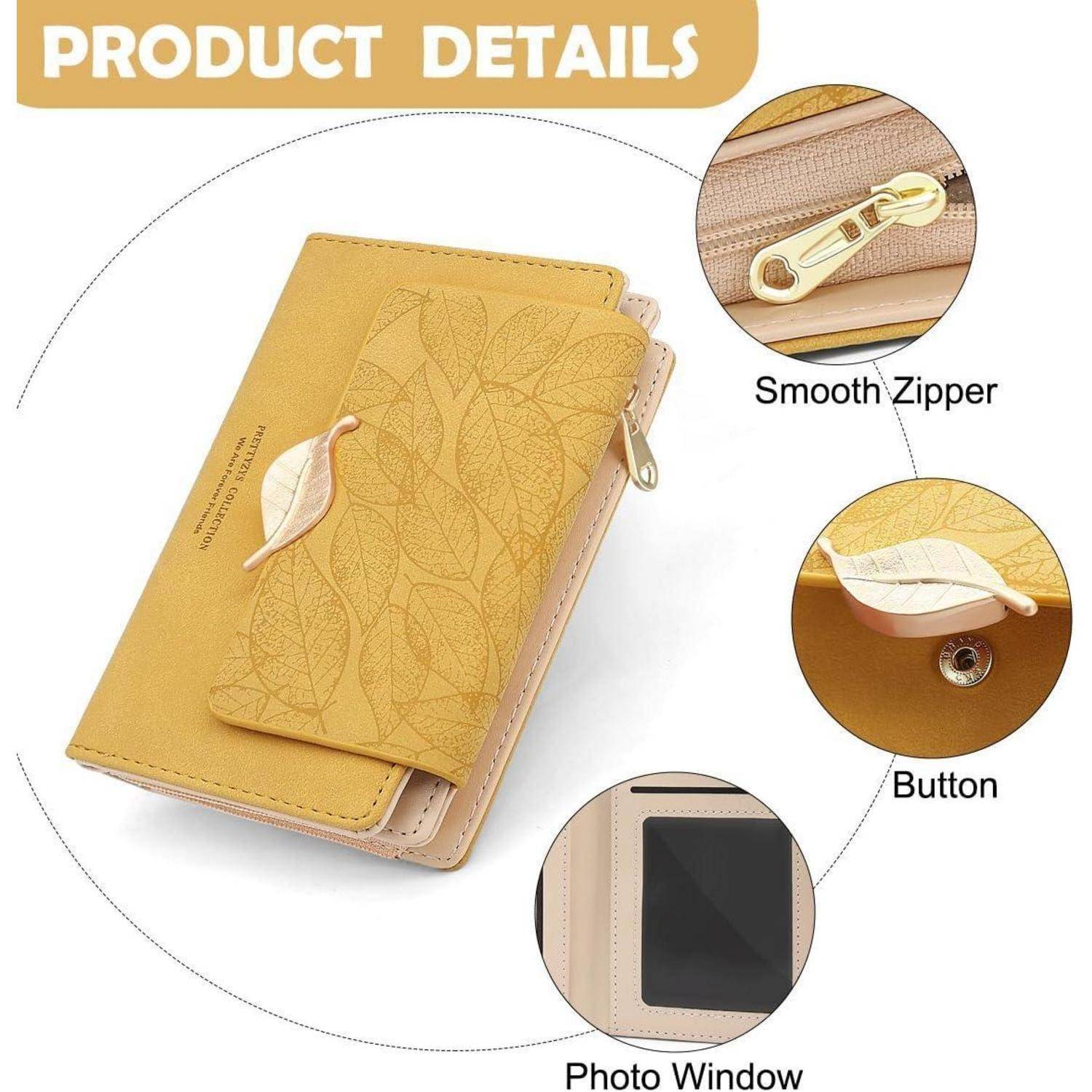 Produktdetails einer gelben Blumengeldtasche mit glatter Reißverschluss-, Knopfverschluss- und Fotofenster.