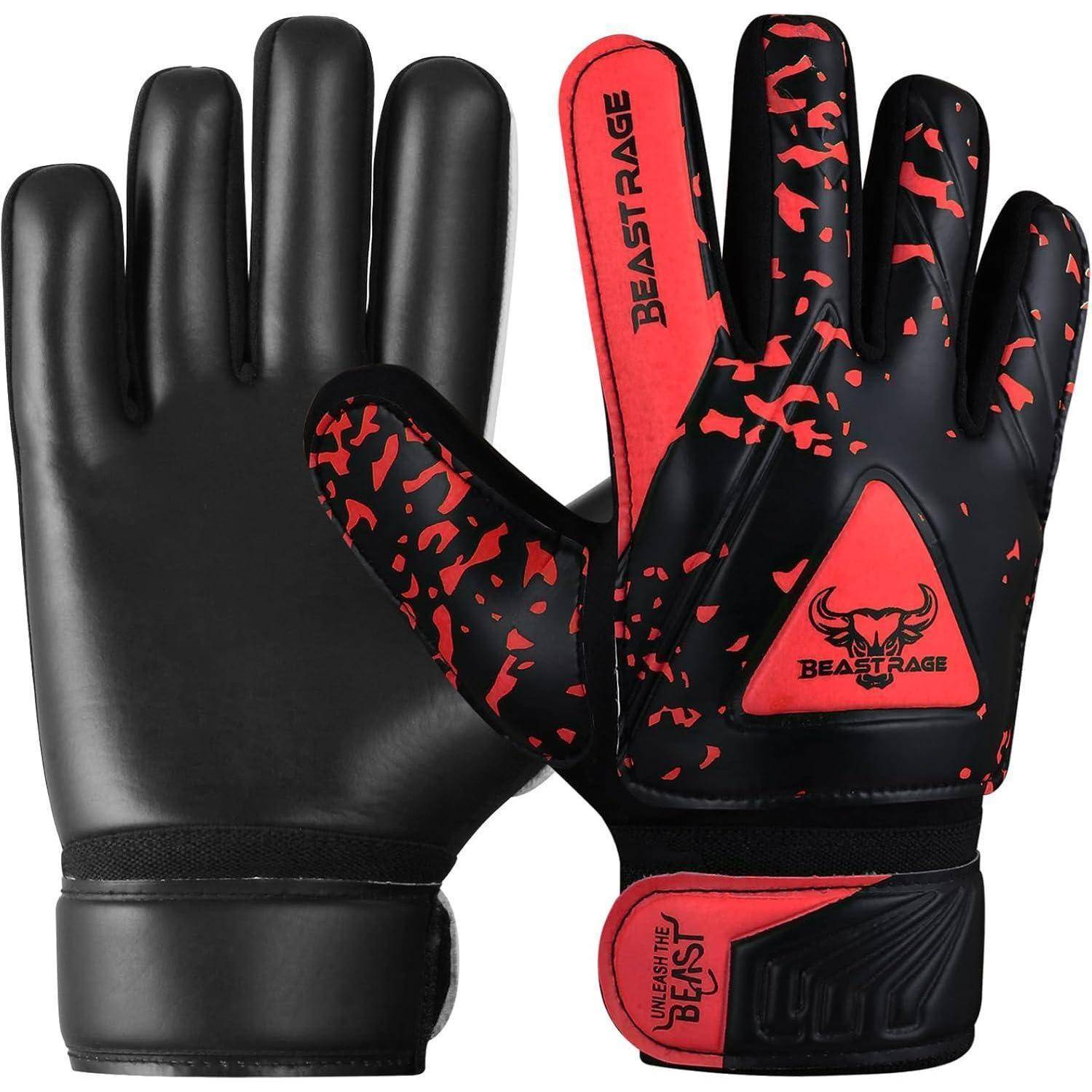 Paar schwarzer und roter Sporthandschuhe, gezeigt von Handflächen- und Rückseite, mit Beast Rage Branding.