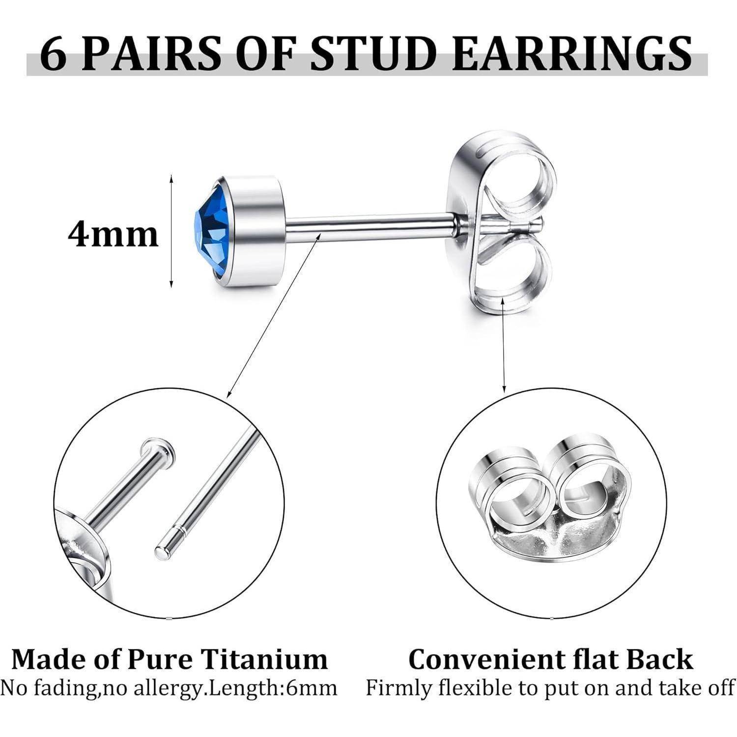 JeweBella 6Pairs G23 Titan Ohrstecker für Damen Herren Mädchen Hypoallergen Kleine Titan Ohrringe Set Zirkonia Medizinische Ohrstecker Chirurgenstah