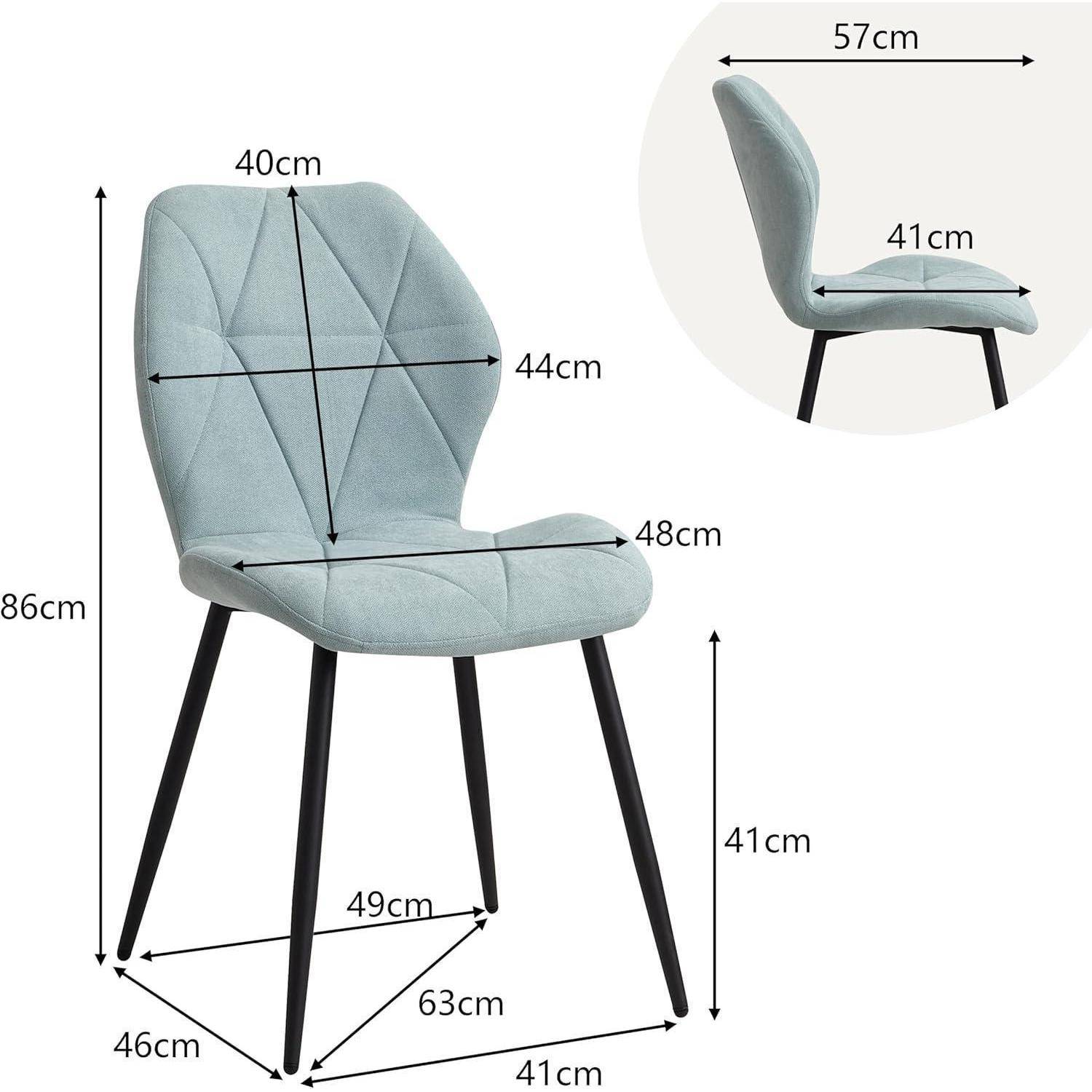 Hellblau gepolsterter Esszimmerstuhl mit Abmessungen, einschließlich 86 cm Höhe, 57 cm Tiefe, 41 cm Sitzbreite und 49 cm Beabstandung der Beine.
