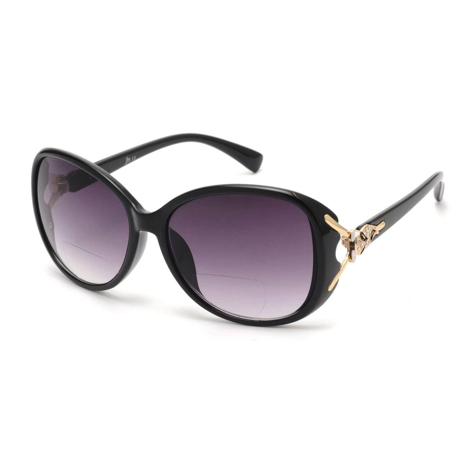 Übergroße schwarze Sonnenbrillen mit violettem Farbverlauf in den Gläsern und goldenen Verzierungen an den Bügeln.