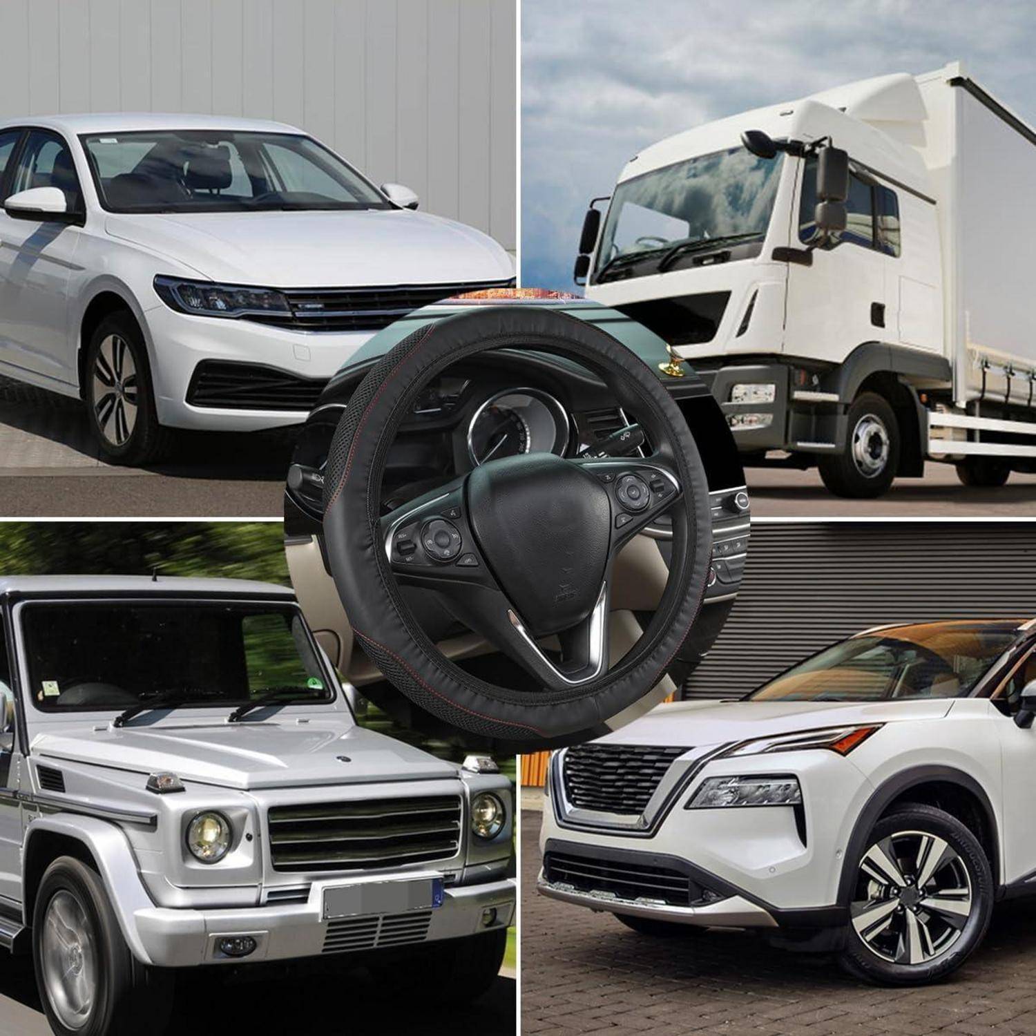Collage aus vier Fahrzeugen und einem Lenkrad: eine weiße Limousine, ein weißer Lastkraftwagen, ein silberner SUV und ein weißer Crossover, was auf Automobiloptionen hindeutet.