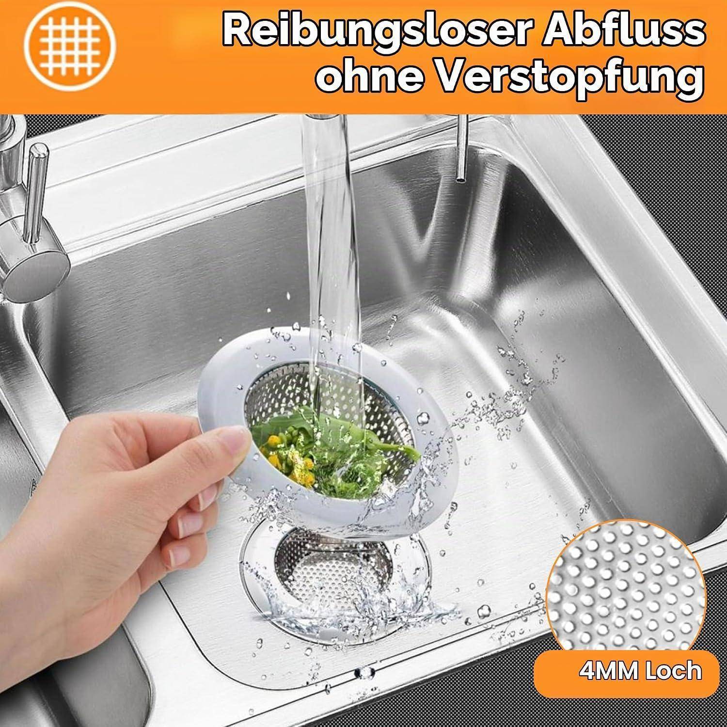 Hand hält ein Maschensieb für die Spüle unter fließendem Wasser in einem Edelstahlbecken; Text sagt 