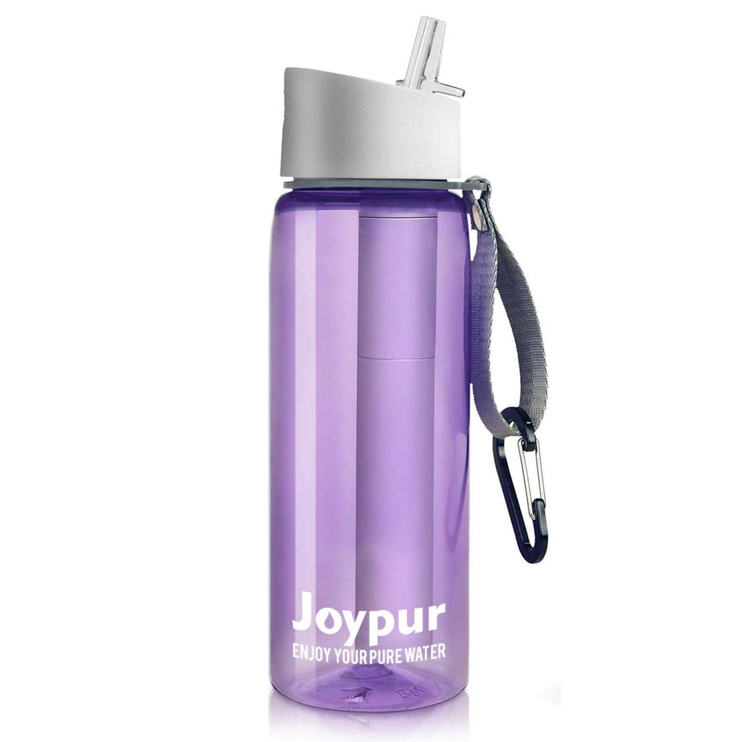 Lila Joypur-Wasserflasche mit grauem Deckel, Strohhalm und Trageriemen; das Etikett trägt die Aufschriften „Joypur