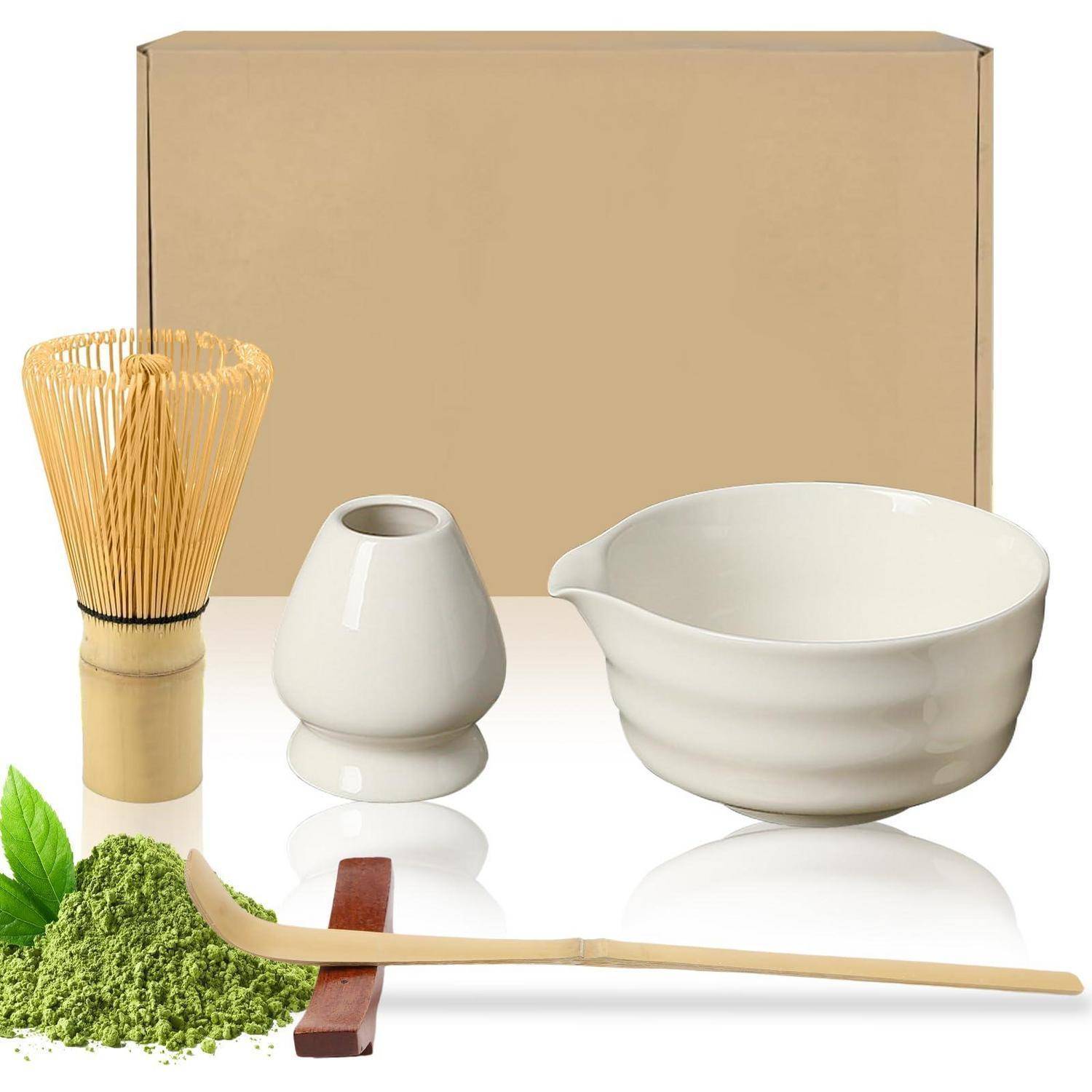 Raxfekro 5-Teiliges Matcha Set, Matcha Besen, Matcha-Schneebesen, Matcha Löffel, Matcha Schüssel mit Auslauf, Matcha Whisk, Keramik Matcha Tea Set