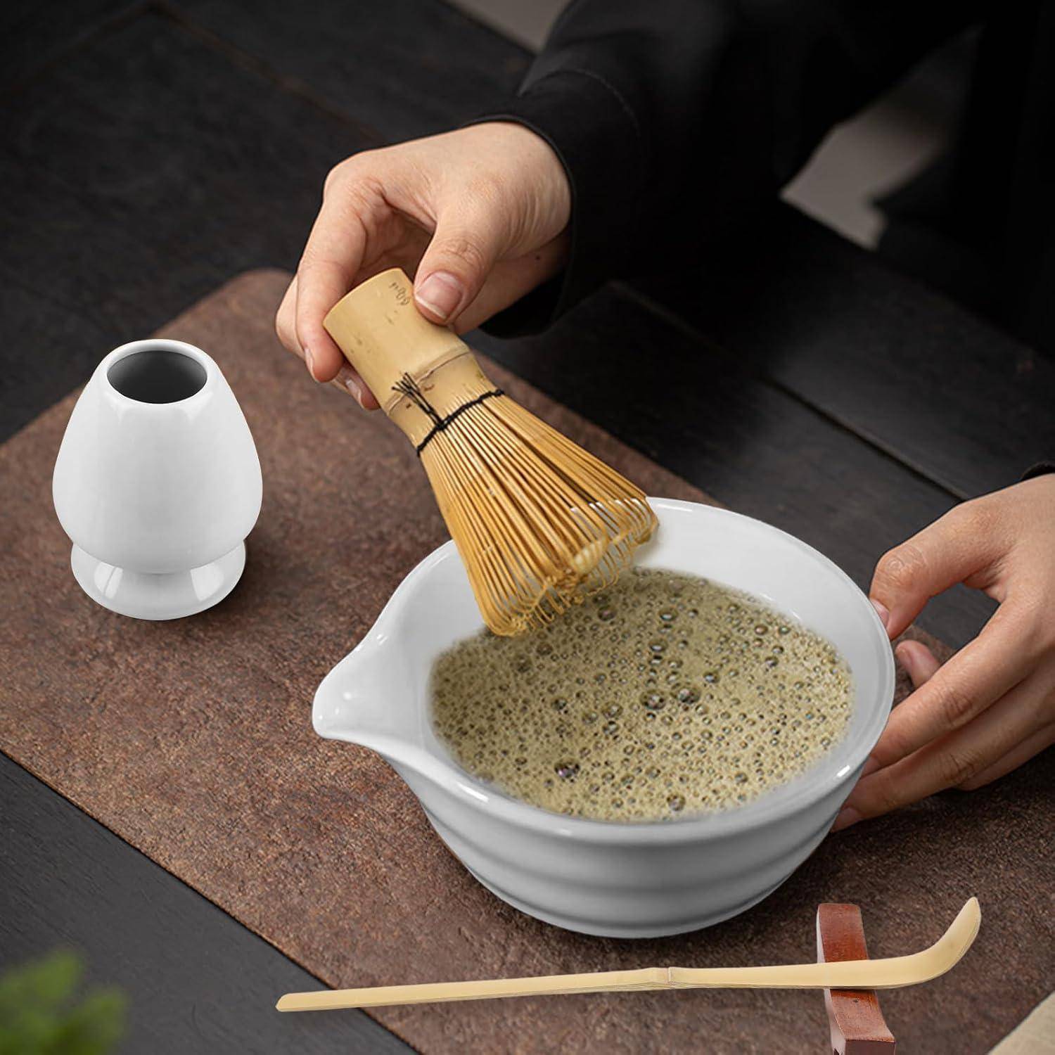Raxfekro 5-Teiliges Matcha Set, Matcha Besen, Matcha-Schneebesen, Matcha Löffel, Matcha Schüssel mit Auslauf, Matcha Whisk, Keramik Matcha Tea Set