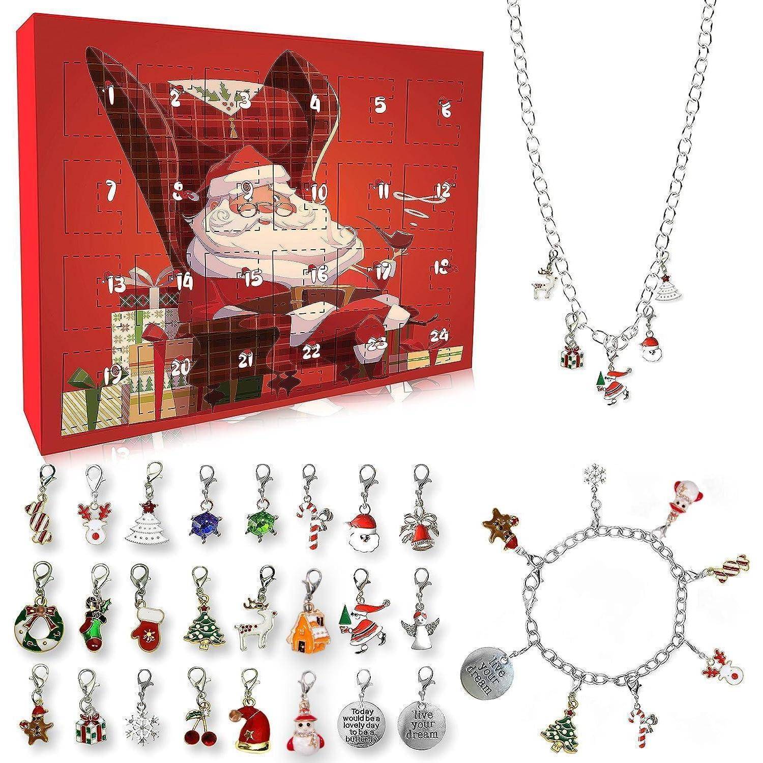 Rote Weihnachts-Adventskalender-Schmuckkollektion mit nummerierten Türen, eine Halskette, ein Armband und mehrere weihnachtlich gestaltete Charm-Schlüsselanhänger.