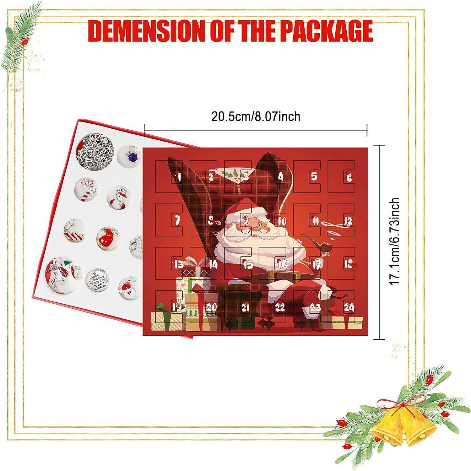 Paketmaße-Diagramm, das eine 20,5 cm x 17,1 cm große Adventskalender-Schachtel mit nummerierten Türen und festlicher Weihnachtskunstwerk zeigt.