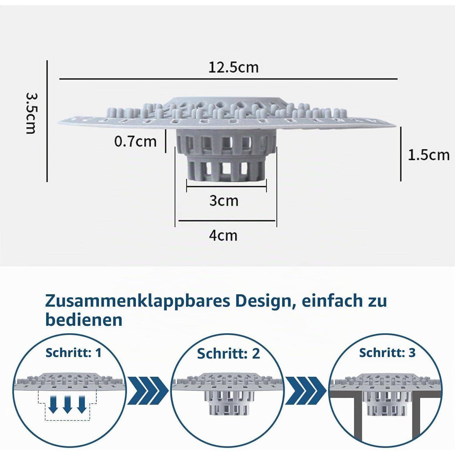 Anleitungsdiagramm einer klappbaren Abdeckung für Abflüsse mit den Maßen 12,5 cm breit, 3,5 cm hoch und schrittweise Montage in drei Schritten.