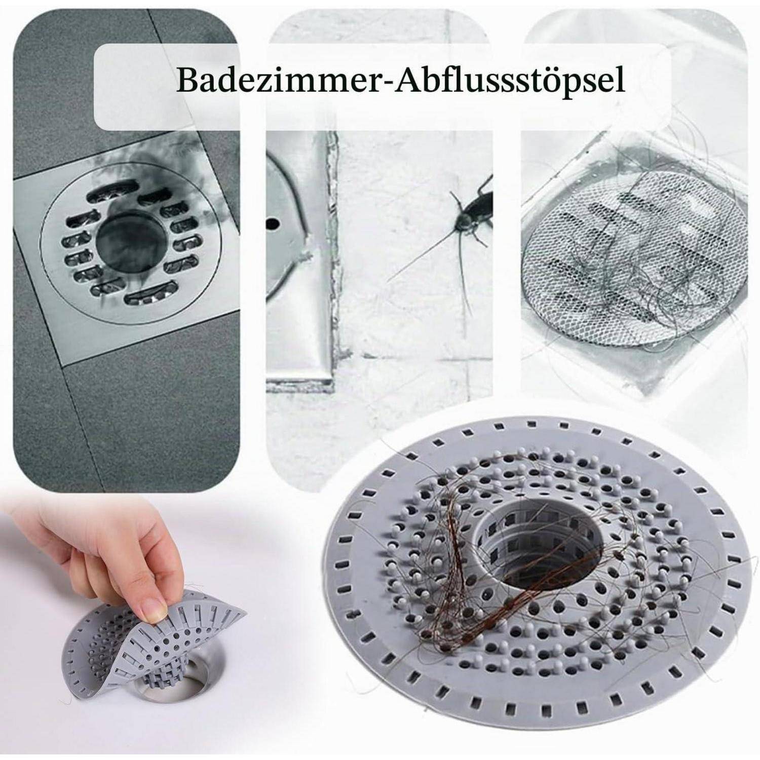 Collage mit einem Badezimmer-Abflussstöpsel und einem Haarfänger für Duschabflüsse, beschriftet mit „Badezimmer-Abflussstöpsel