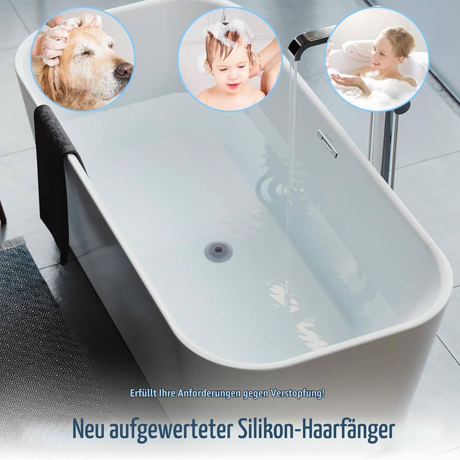 Werbeimage einer Badewanne mit drei kreisförmigen Detailfotos, die einen Hund, ein Kind beim Haarewaschen und ein Kind beim Baden zeigen; deutscher Text bewirbt einen neuen Silikon-Haarfänger zur Vermeidung von Rohrverstopfungen.
