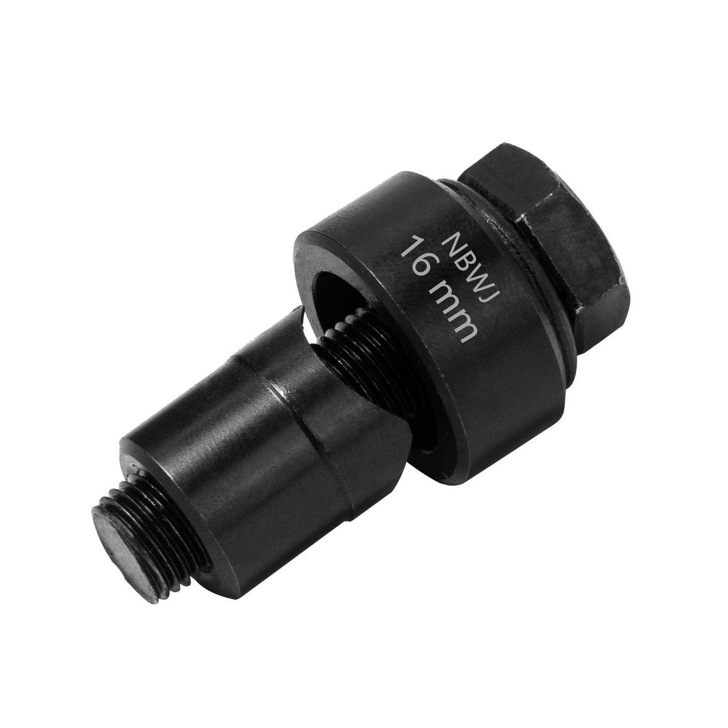Schwarzer 16-mm-NBJ-Gewindemetalladapter mit Sechskantkappe, dargestellt auf weißem Hintergrund.