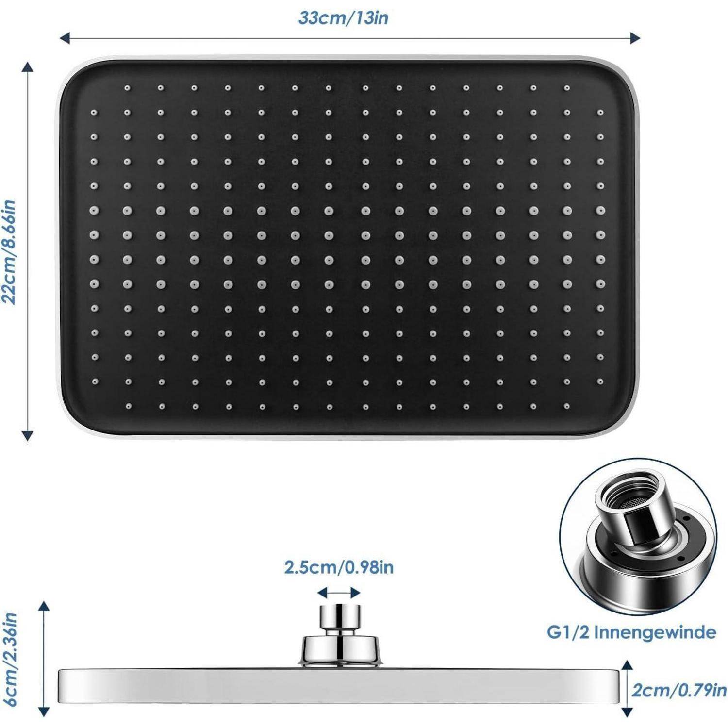 Kommentiertes Produktdiagramm eines schwarzen rechteckigen Duschkopfes mit den Abmessungen 33 cm x 22 cm, Dicke 2 cm und G1/2-Gewindeverbinder.