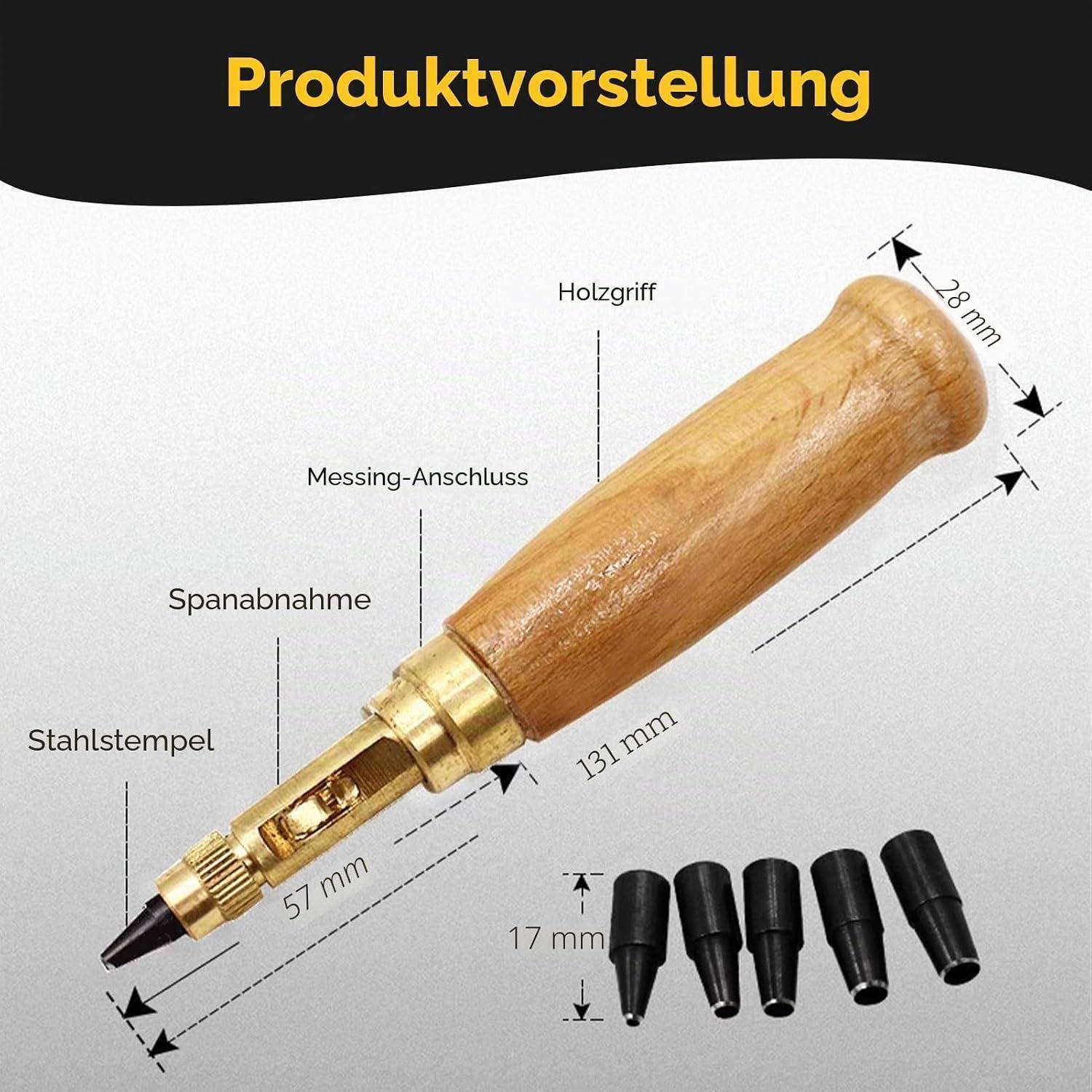 Produktillustration eines tragbaren Locheisens mit Holzgriff, Messingverbinder und Stahlspitze, beschriftet in Deutsch mit Abmessungen und fünf austauschbaren schwarzen Spitzen.
