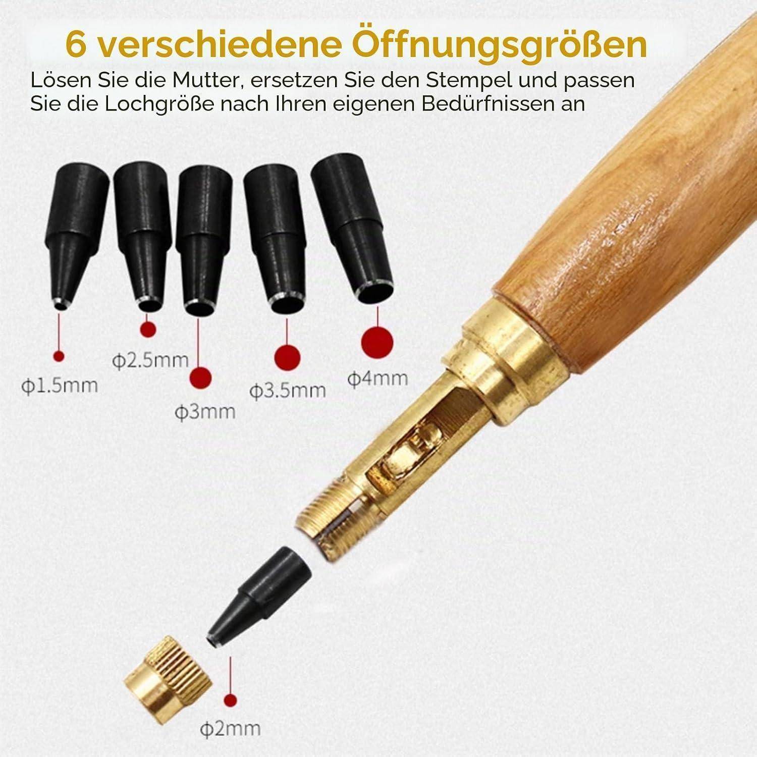 Illustration eines Lötkolbens mit Holzgriff und austauschbaren Spitzen, mit 6 Öffnungsgrößen von 1,5 mm bis 4 mm und einer installierten 2-mm-Spitze.