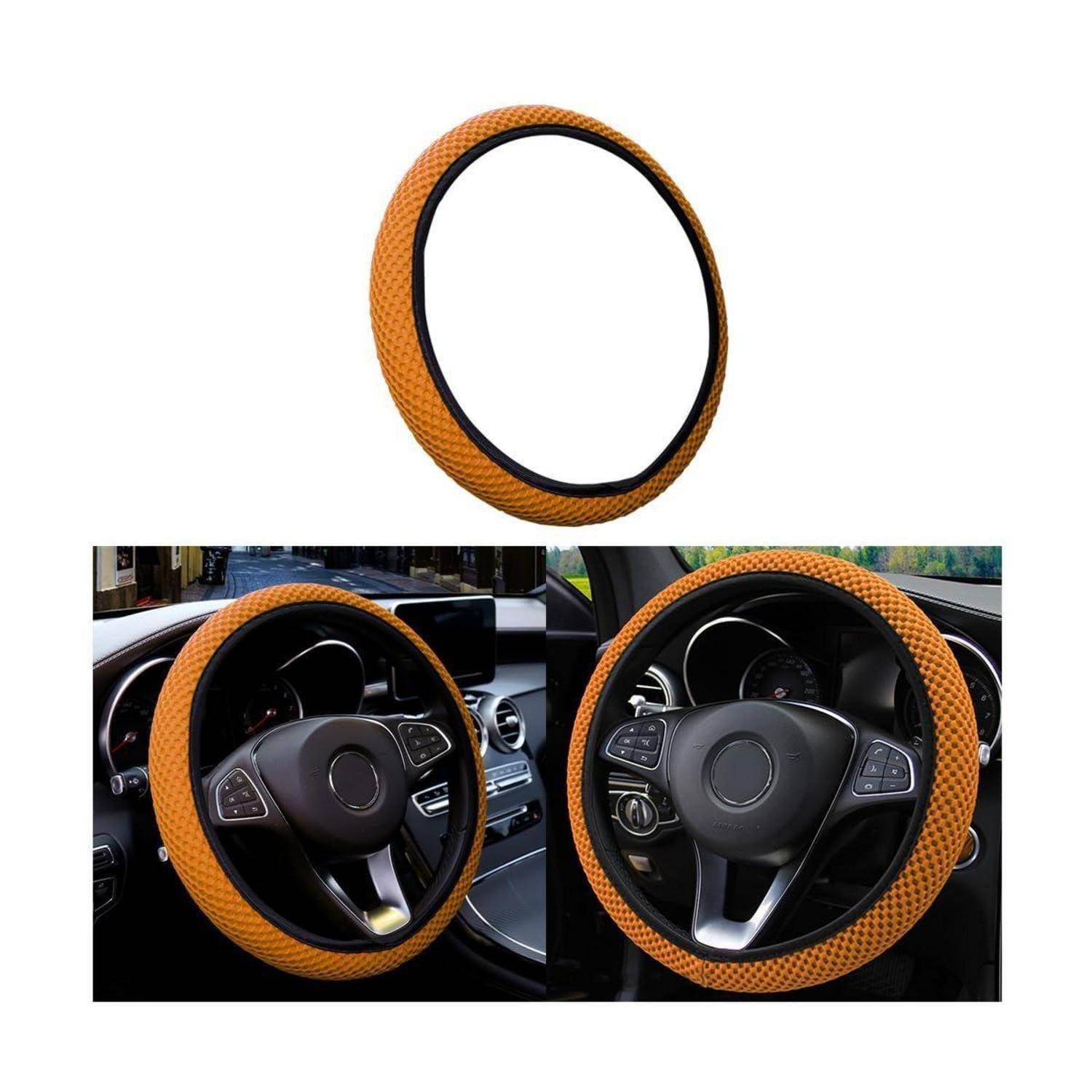 Orangefarbener strukturierter Lenkradschutz, separat und auf einem Autolenkrad in zwei Innenraumansichten montiert dargestellt.