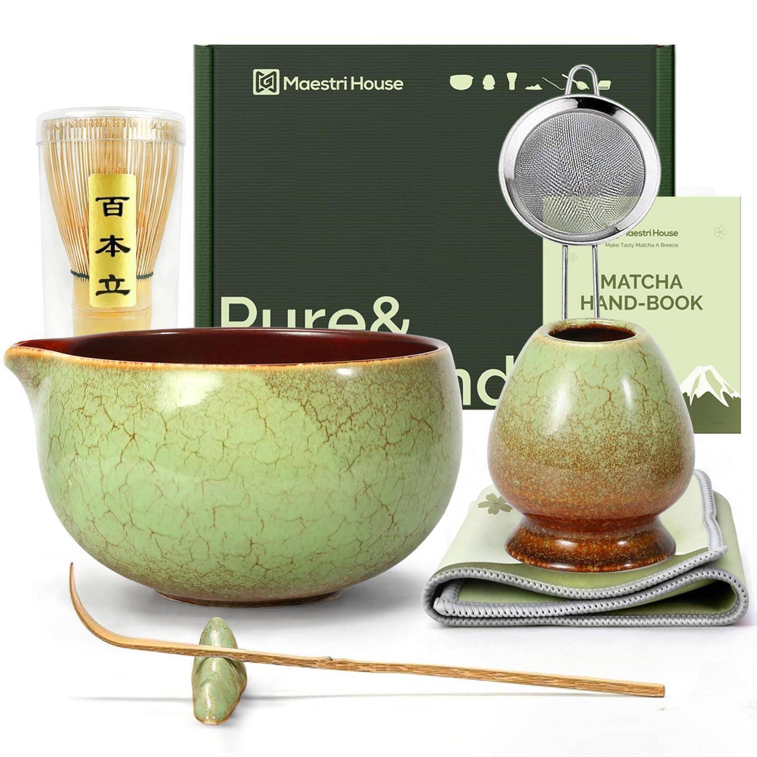 Maestri House Matcha Besen Set Geschenkset 7-Teilig in Moosgrün | Japanisches Matcha Zubehör Set mit Ausgießer-Schale, Bambus Chasen & Halter, Hoch