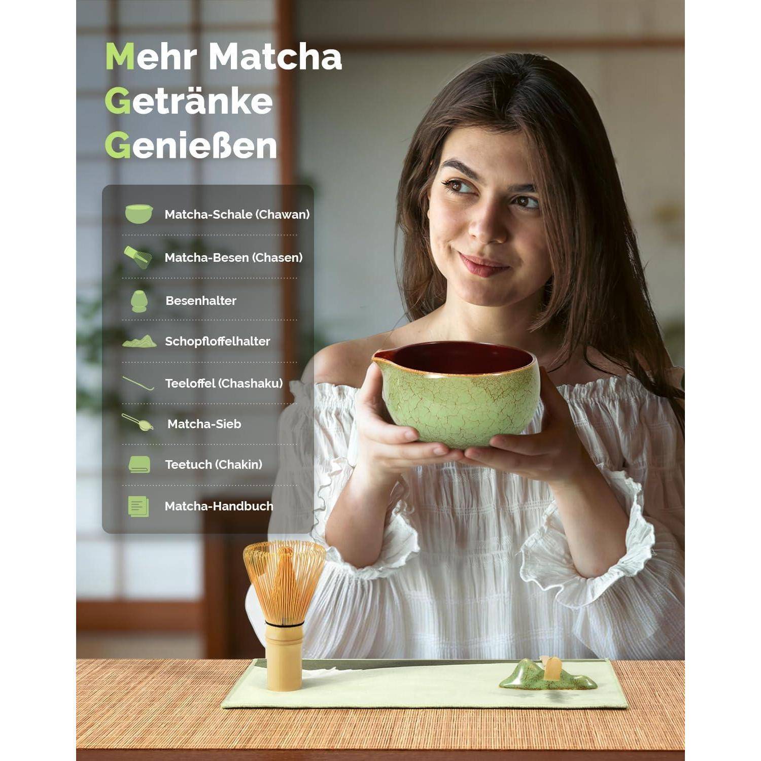 Maestri House Matcha Besen Set Geschenkset 7-Teilig in Moosgrün | Japanisches Matcha Zubehör Set mit Ausgießer-Schale, Bambus Chasen &amp; Halter, Hoch