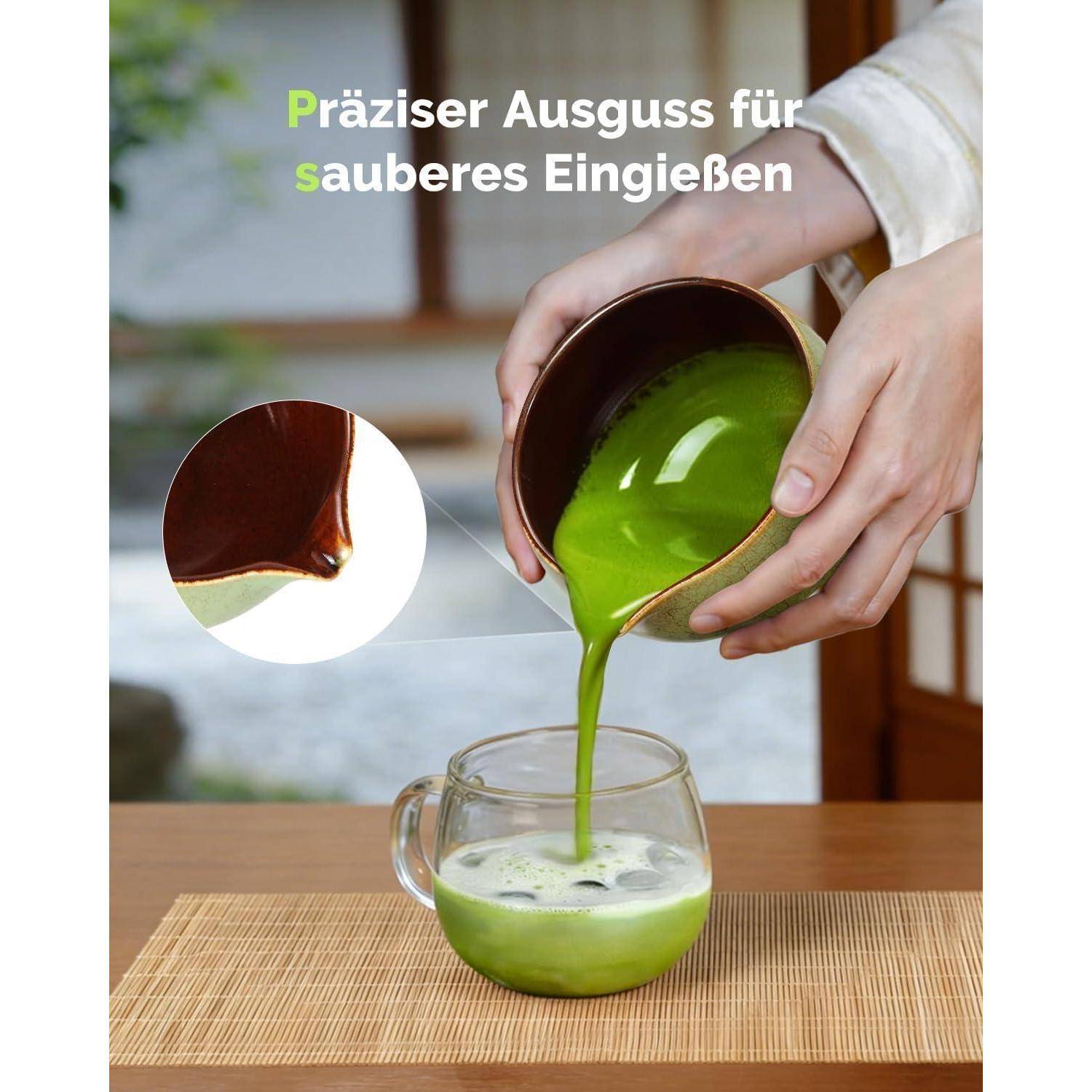 Maestri House Matcha Besen Set Geschenkset 7-Teilig in Moosgrün | Japanisches Matcha Zubehör Set mit Ausgießer-Schale, Bambus Chasen &amp; Halter, Hoch