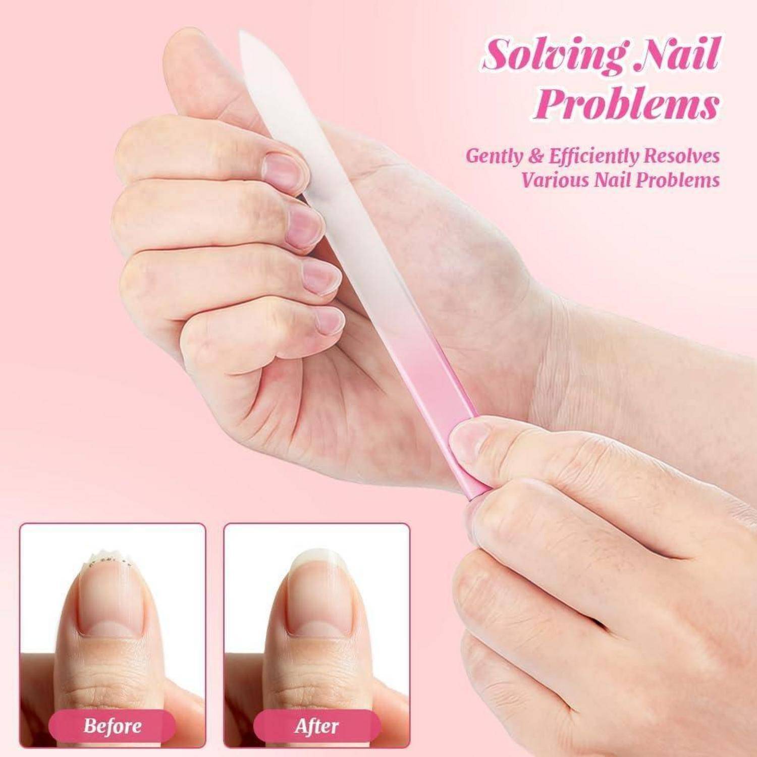 Hände feilen einen Fingernagel mit einer Nagelfeile, mit dem Text „Nagelprobleme lösen