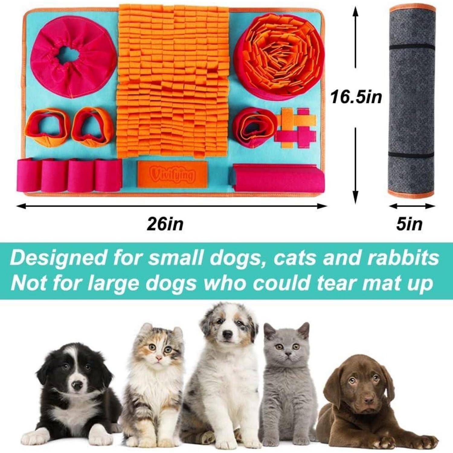 Kleine Spielmatte zur Bereicherung für Hunde, Katzen und Kaninchen, gezeigt mit Abmessungen von 66 x 42 cm und aufgerollter Größe von 13 cm; nicht für große Hunde geeignet.