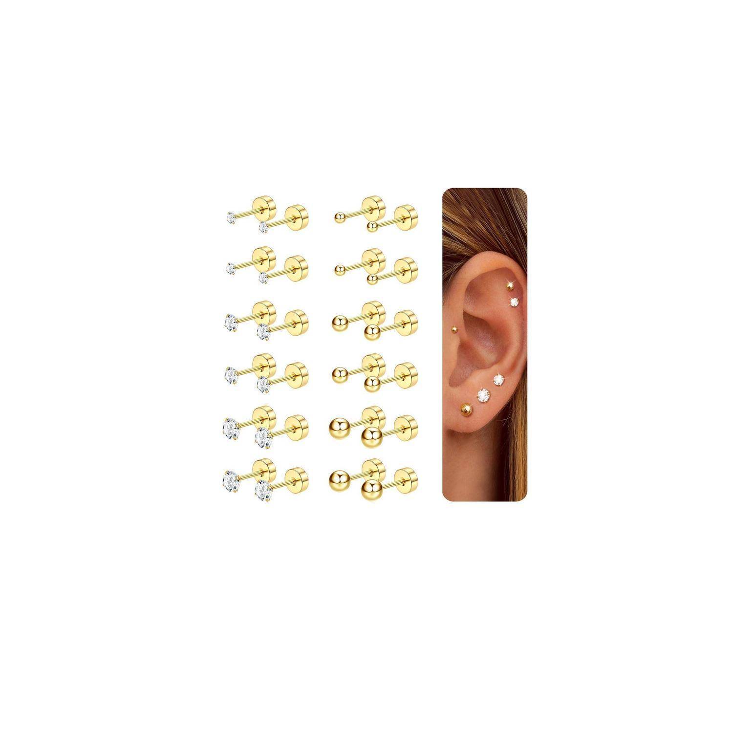 CASSIECA 12 Paar Ohrstecker für Damen Herren Edelstahl klein Ohrstecker Piercing Kleine CZ Runde Kugelschraube Flat Back Knorpel Ohrringe Set 2-4MM