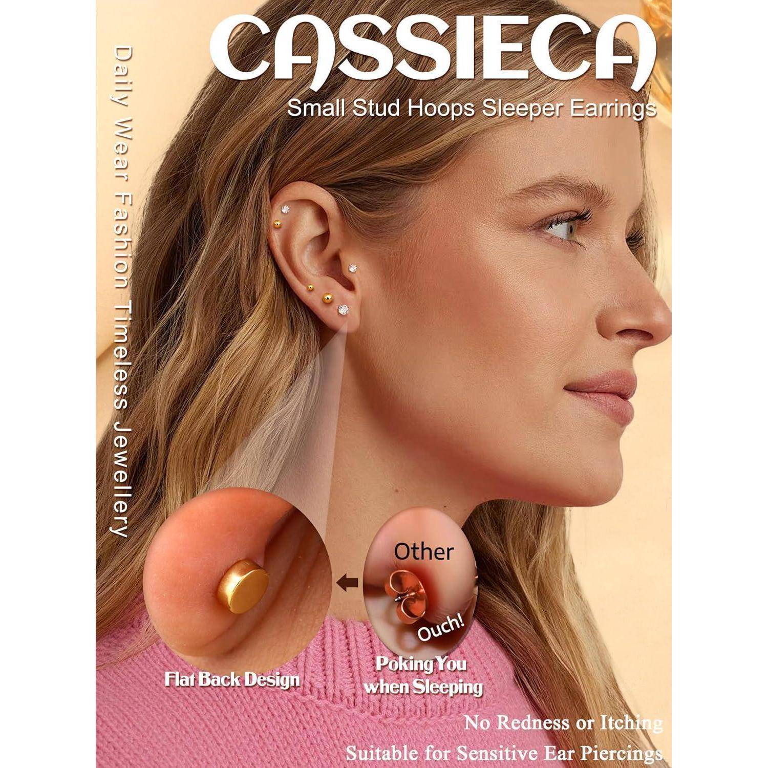 CASSIECA 12 Paar Ohrstecker für Damen Herren Edelstahl klein Ohrstecker Piercing Kleine CZ Runde Kugelschraube Flat Back Knorpel Ohrringe Set 2-4MM