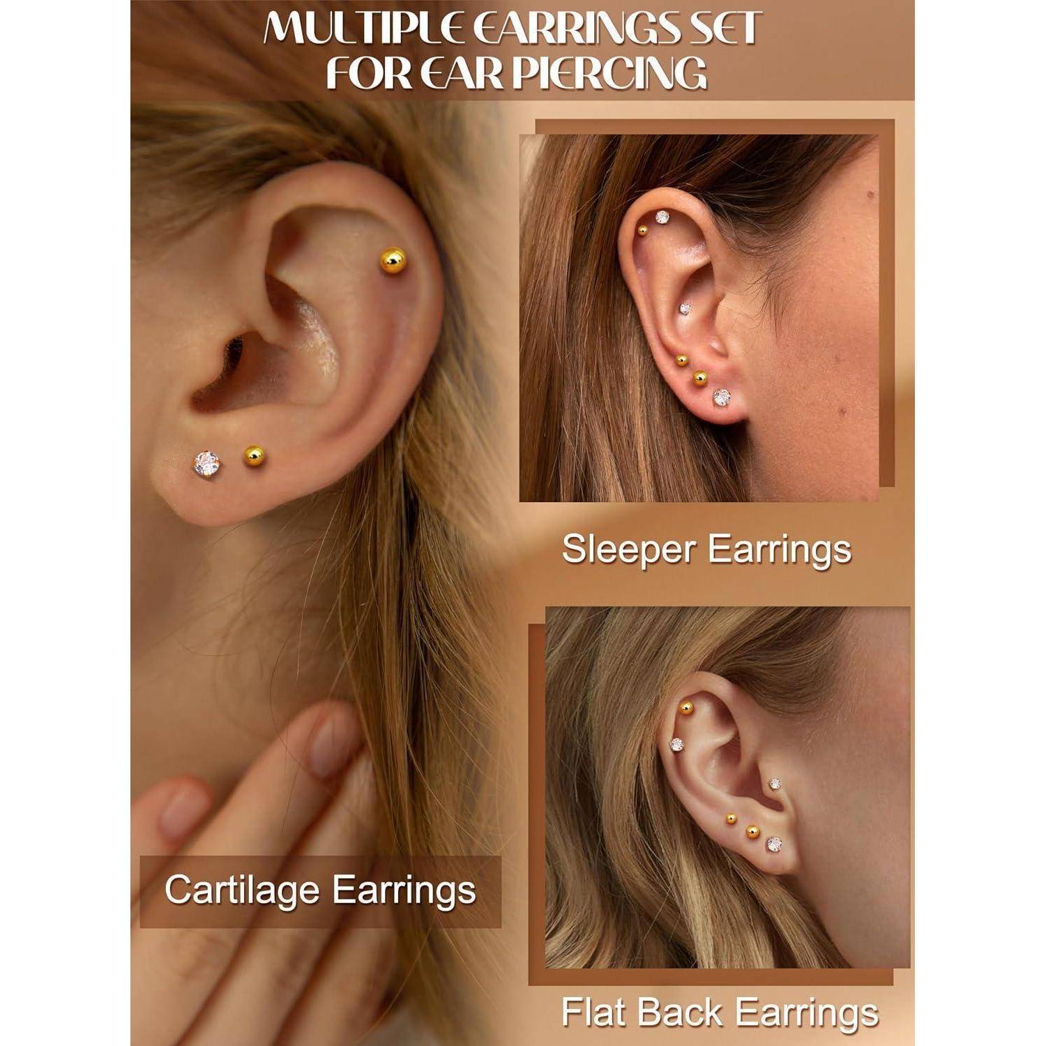 CASSIECA 12 Paar Ohrstecker für Damen Herren Edelstahl klein Ohrstecker Piercing Kleine CZ Runde Kugelschraube Flat Back Knorpel Ohrringe Set 2-4MM
