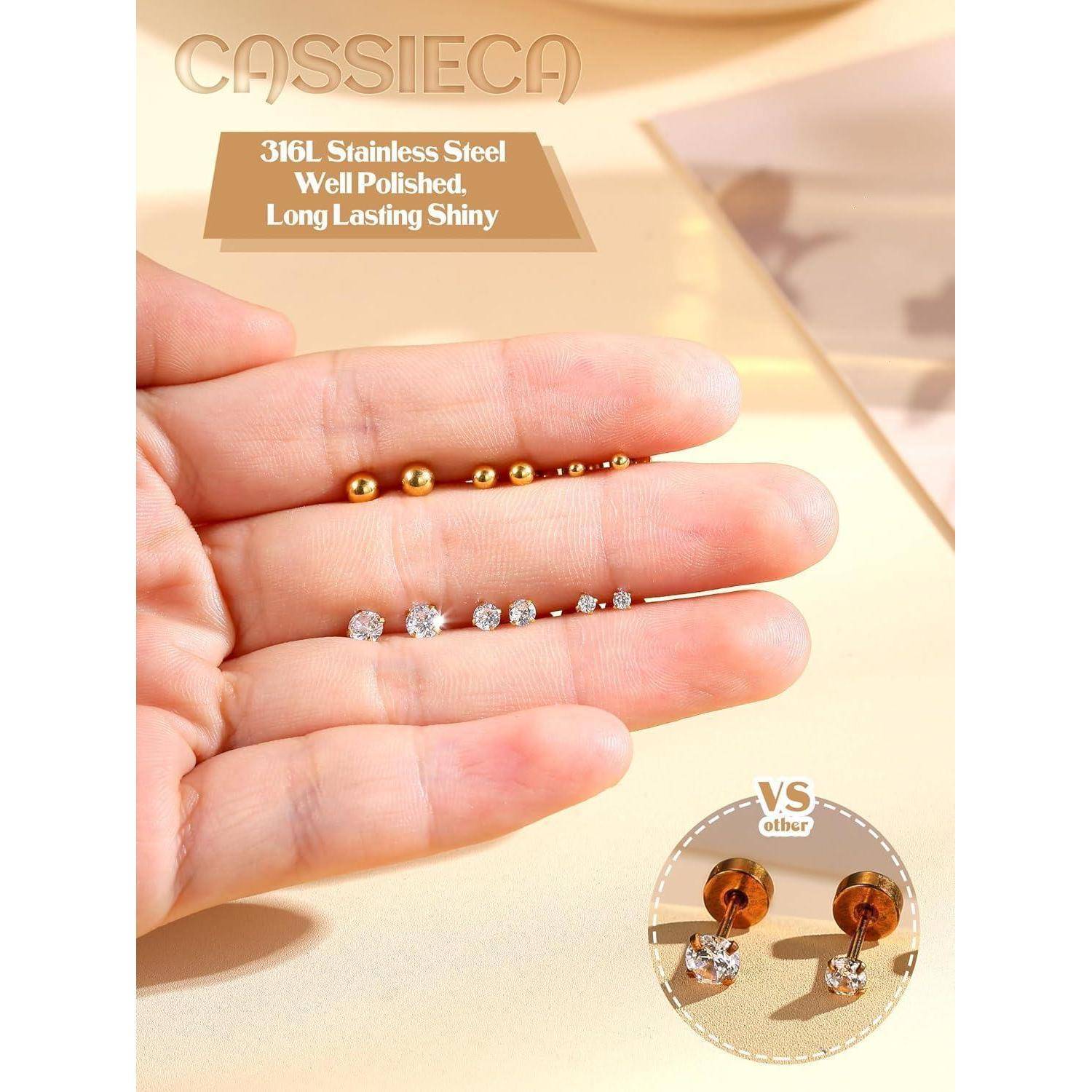 CASSIECA 12 Paar Ohrstecker für Damen Herren Edelstahl klein Ohrstecker Piercing Kleine CZ Runde Kugelschraube Flat Back Knorpel Ohrringe Set 2-4MM