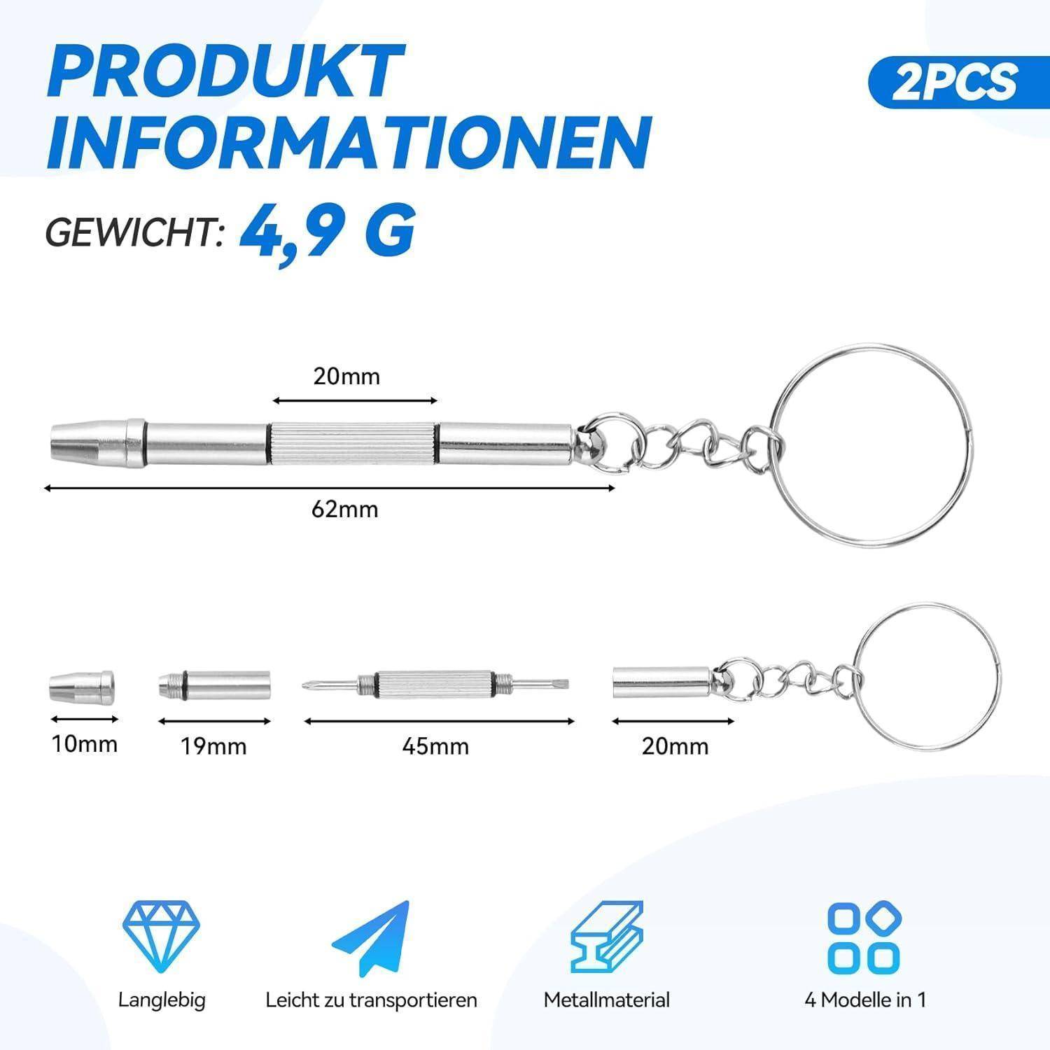 GZEINB Mini Schraubenzieher Set für Brillen, 4 in 1 Präzisionsschraubenzieher, Edelstahl mit Schlüsselanhänger, Reparaturset für Brillen, Uhren u