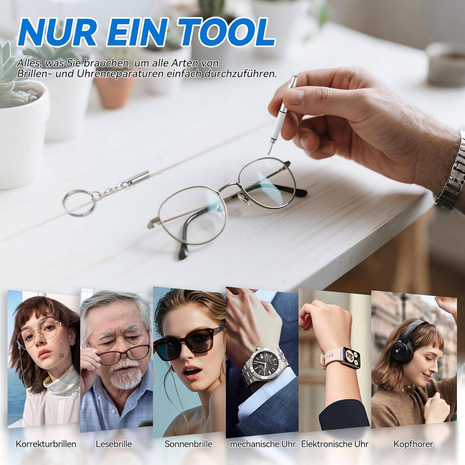 GZEINB Mini Schraubenzieher Set für Brillen, 4 in 1 Präzisionsschraubenzieher, Edelstahl mit Schlüsselanhänger, Reparaturset für Brillen, Uhren u