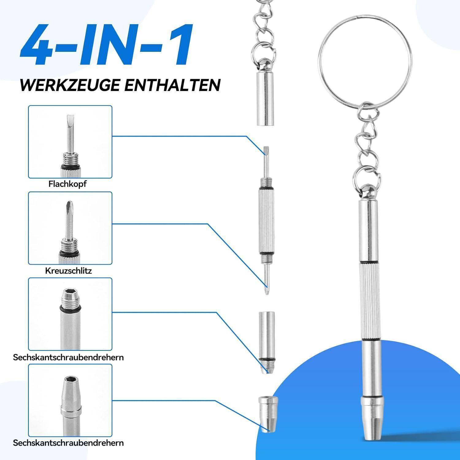 GZEINB Mini Schraubenzieher Set für Brillen, 4 in 1 Präzisionsschraubenzieher, Edelstahl mit Schlüsselanhänger, Reparaturset für Brillen, Uhren u