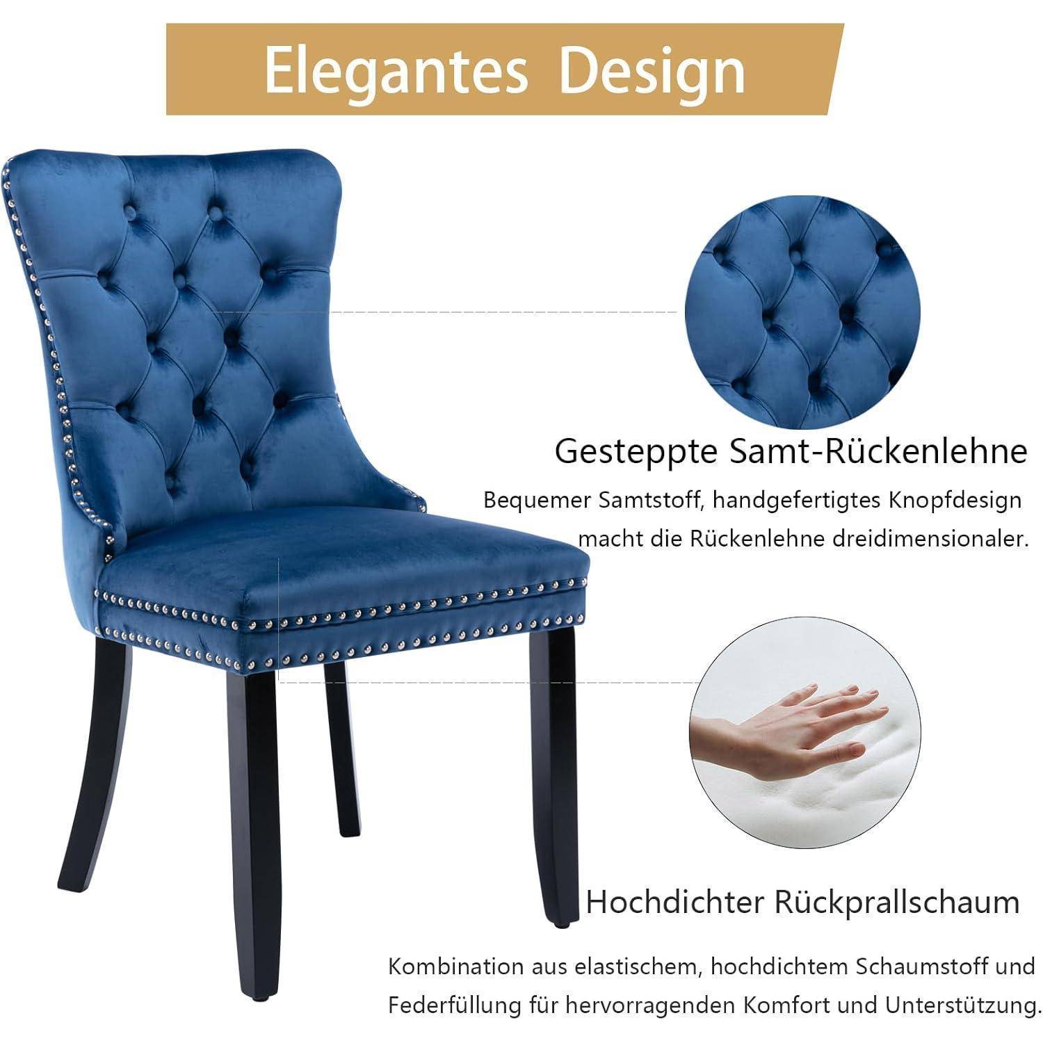 Blauer gepolsterter Esszimmerstuhl mit gesteppter Rückenlehne, Nietenbesatz und schwarzen Beinen, mit Beschriftungen für „Gesteppten Samt-Rückenlehne