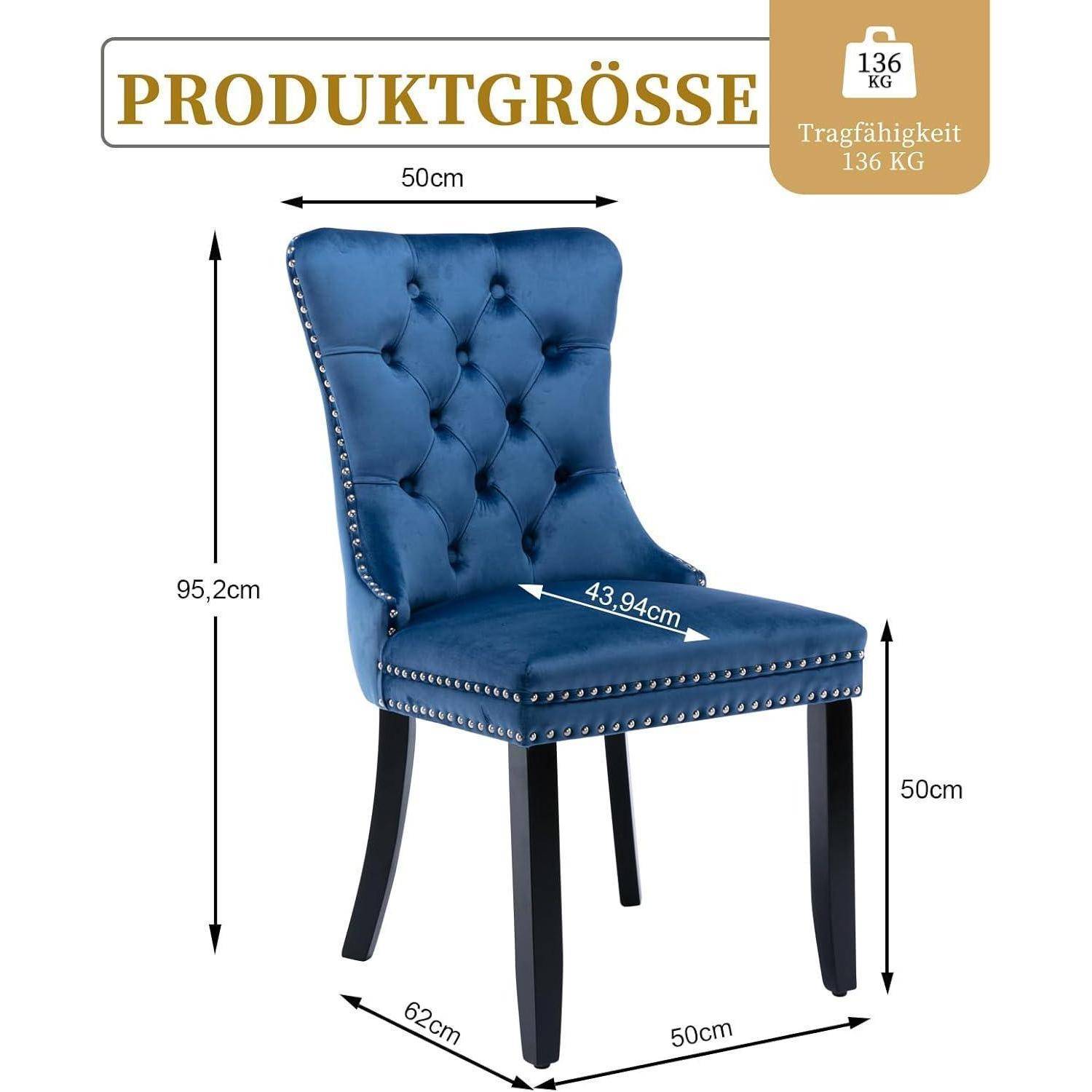 Blauer gepolsterter Essstuhl mit gesteppter Rückenlehne und Nagelkopfleiste, gezeigt mit Maßen: 95,2 cm hoch, 50 cm breit, 62 cm tief, 43,94 cm Sitztiefen, Tragfähigkeit 136 kg.