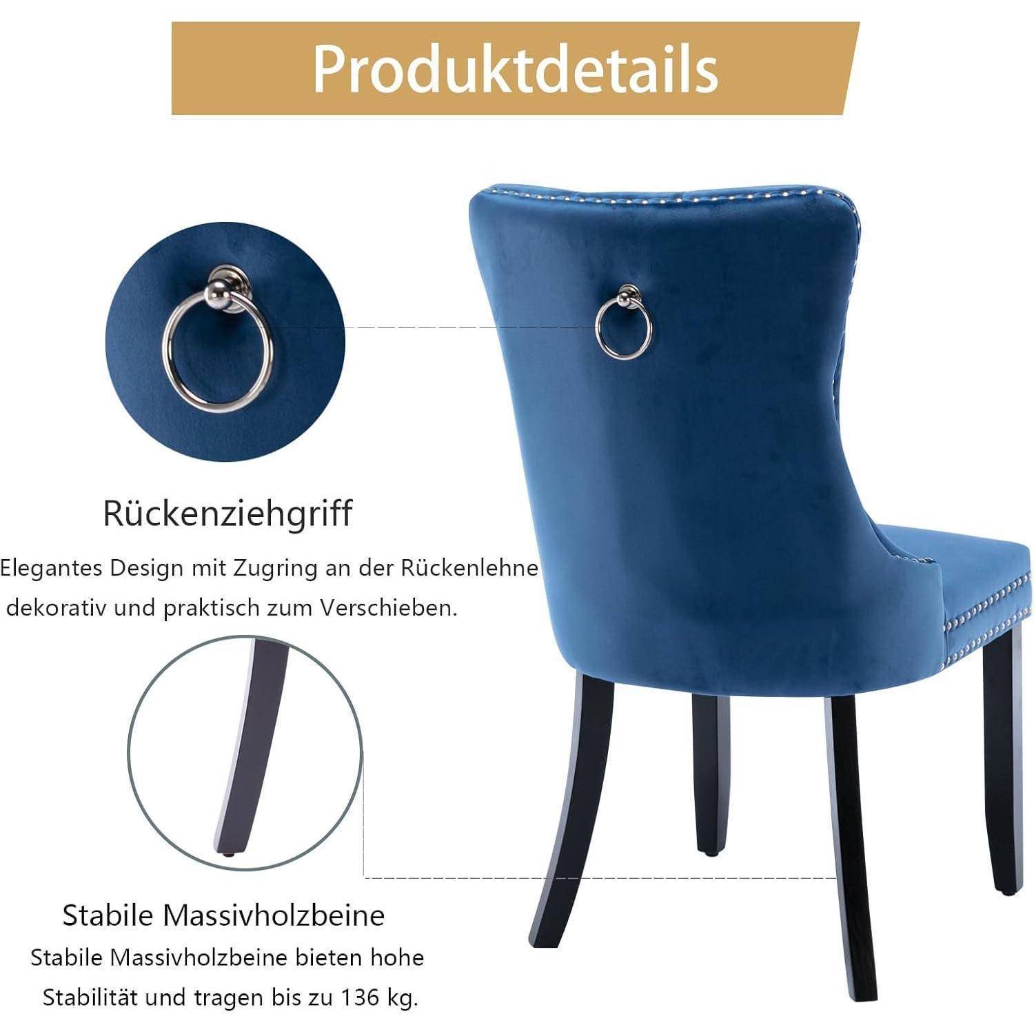 Blaugepolsterter Esszimmerstuhl, von hinten und von der Seite gezeigt, mit einem Ringgriff auf der Rückenlehne und dunkelholzbeinen; deutsche Beschriftungen heben den Griff und die stabilen Massivholzbeine hervor, die bis zu 136 kg tragen.