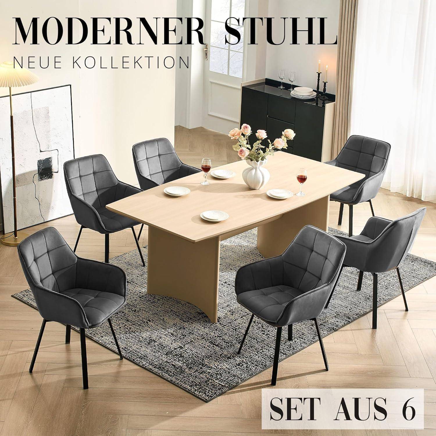 Moderner Esstisch mit sechs schwarz gepolsterten Stühlen um einen hellen Holztisch auf einem Teppich; der Text lautet 