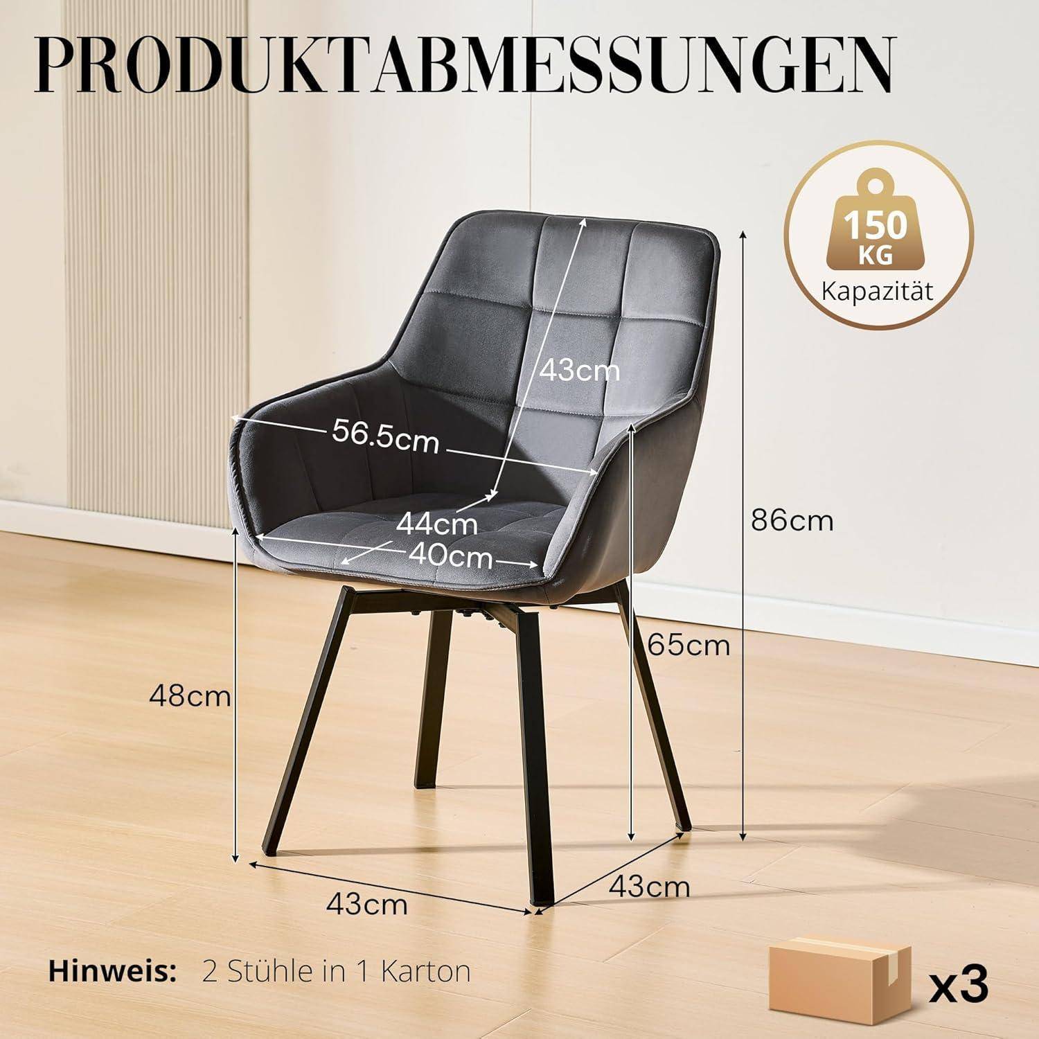 Produktabmessungsabbildung eines schwarz gepolsterten Stuhls mit den folgenden Größen: 56,5 cm Tiefe, 44/40 cm Sitzfläche, 43 cm Rückenlehne, 86 cm Höhe, 48 cm/65 cm Beine, 150 kg Kapazität, verkauft als 2 Stühle pro Karton, 3er Paketmenge.