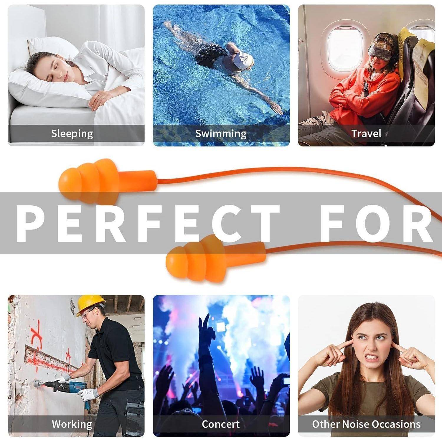 Produktgrafik mit orangefarbenen Ohrstöpseln und dem Text „PERFEKT FÜR