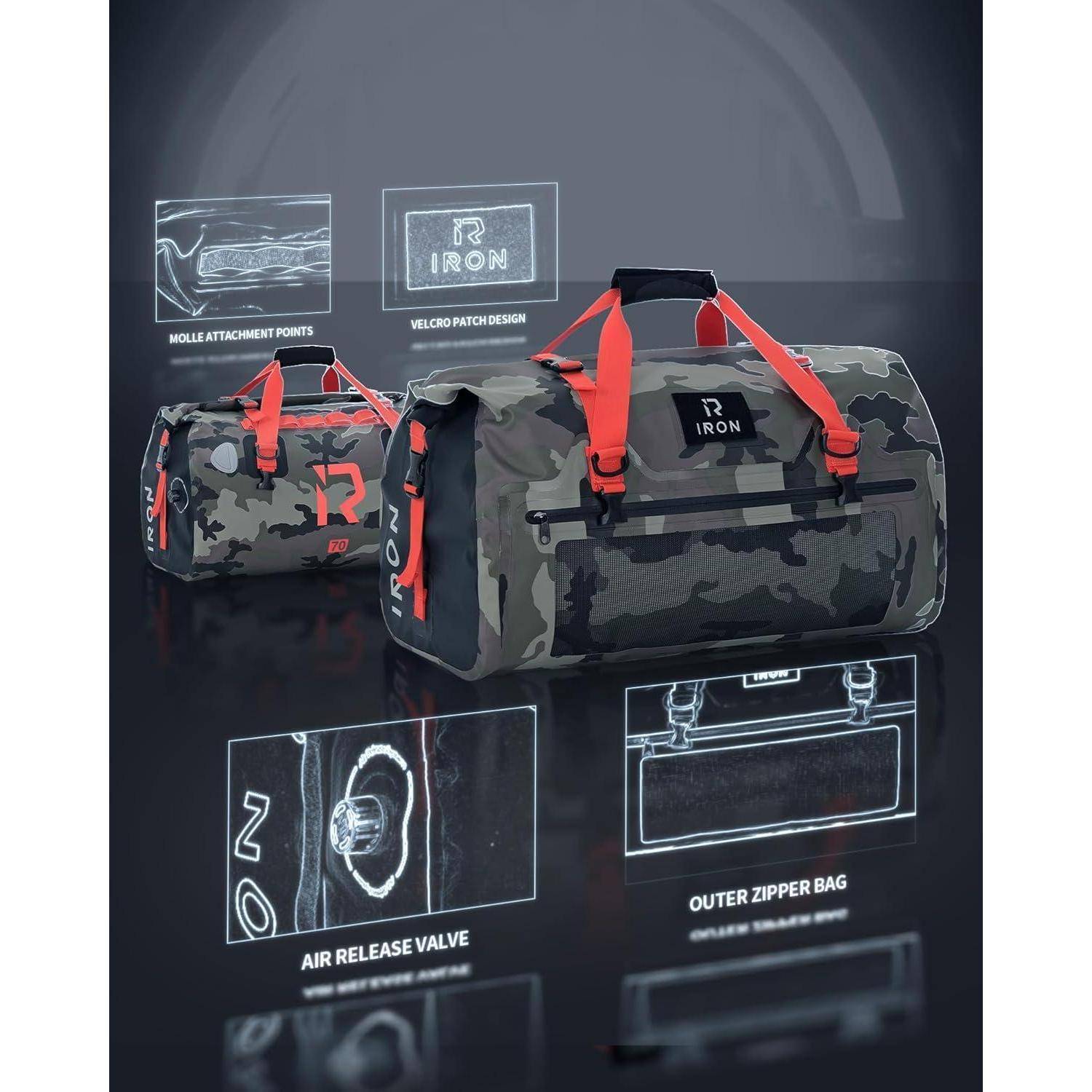 Zwei Camo-Reisetaschen mit roten Griffen und "IRON""-Logo, gezeigt mit Beschriftungen für MOLLE-Befestigungspunkte, Klettverschluss-Design, Luftablassventil und äußere Reißverschlusstasche.