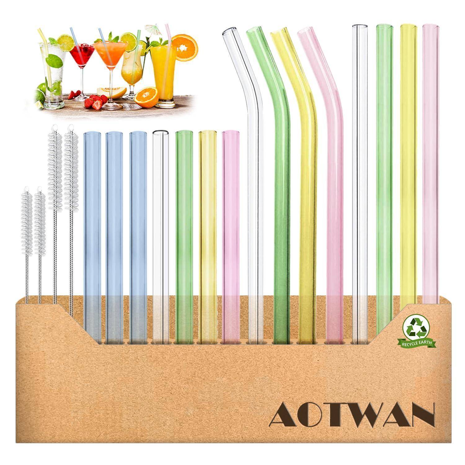 AOTWAN Glasstrohalme Bunt 19 Stück Bunte Strohhalme Glas Bunt,7 Kurz+4 Lange Geraden Glas-Strohhalme,4 Gebogenem Glas Trinkhalme mit 4 Reinigungsbür