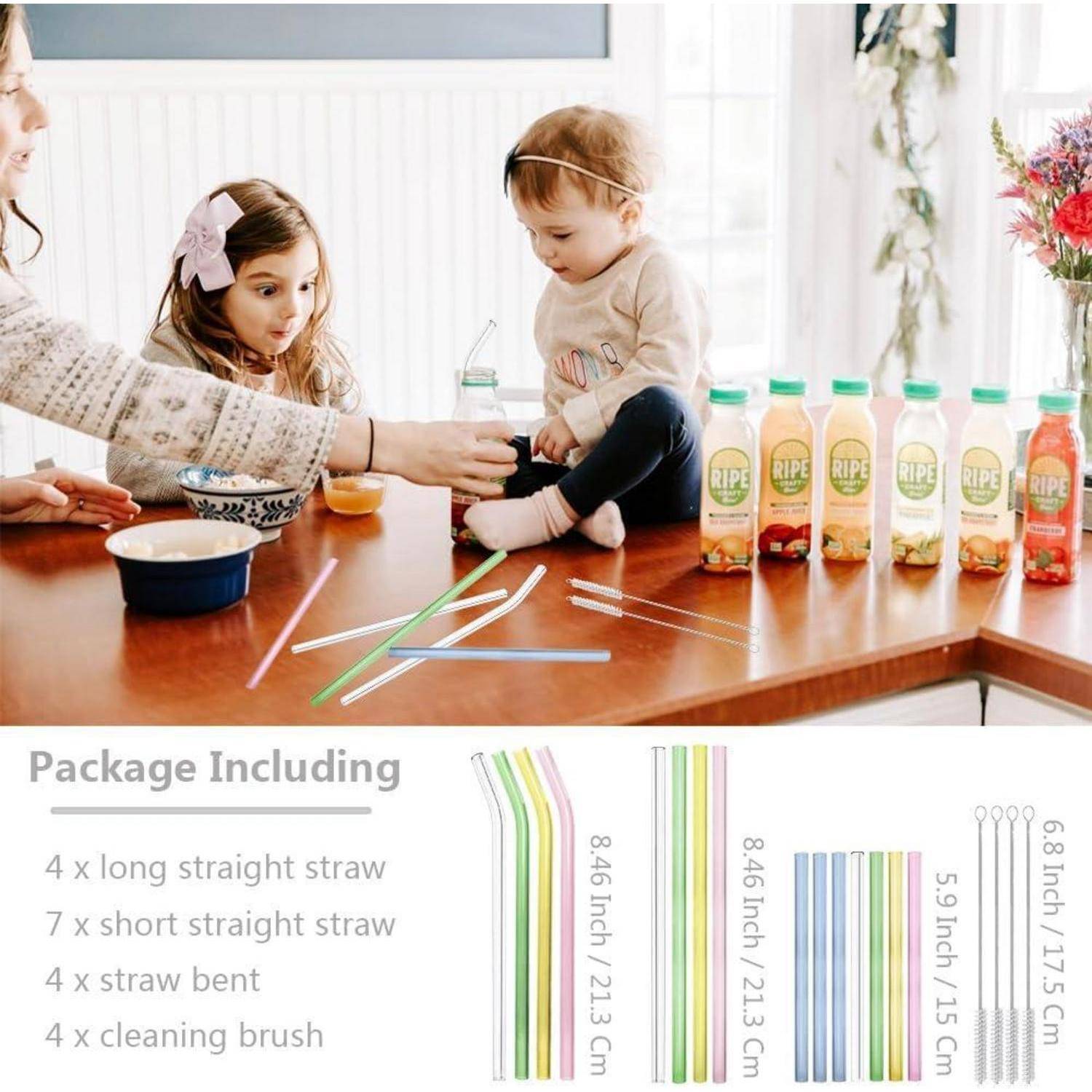 AOTWAN Glasstrohalme Bunt 19 Stück Bunte Strohhalme Glas Bunt,7 Kurz+4 Lange Geraden Glas-Strohhalme,4 Gebogenem Glas Trinkhalme mit 4 Reinigungsbür