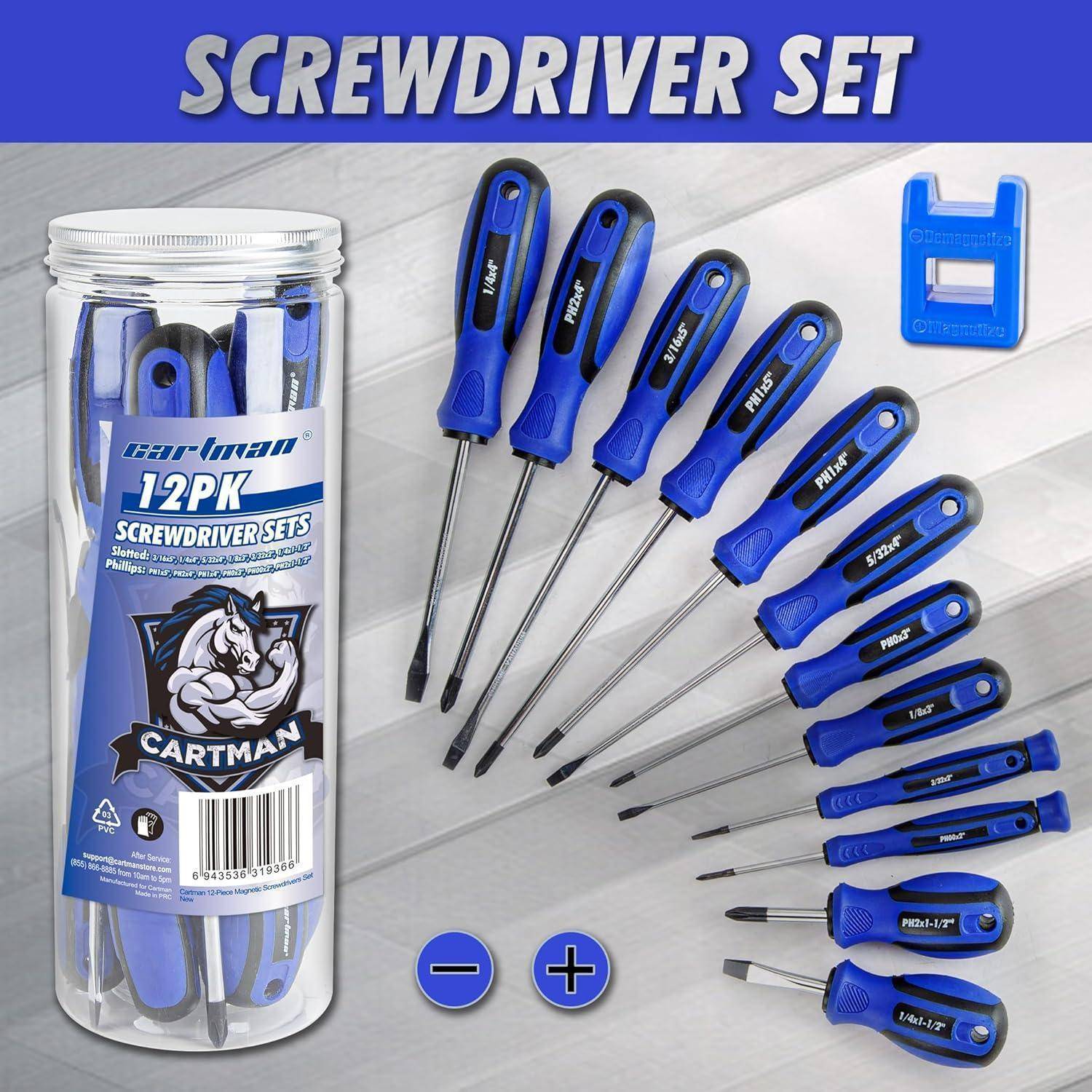 CARTMAN 12-teiliges magnetisches Schraubendreher-Set, 6 Kreuzschlitz- und 6 flache Profi-Handwerkzeuge mit gepolstertem Griff